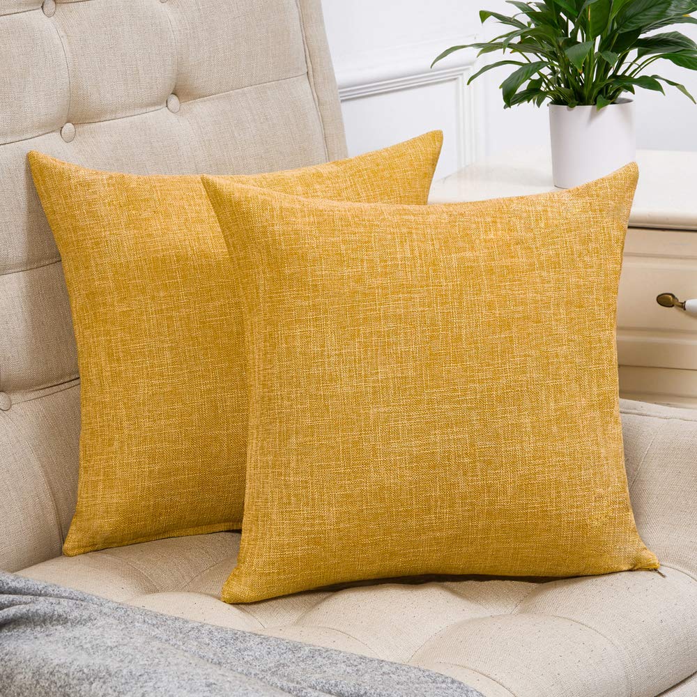 Anickal Set of 2 Mustard Yellow Linen Pillow Covers 18x18 Inch - Rustic Decorative Square Throw Pillow Covers for Sofa, Couch & Bed - Perfect for Farmhouse, Living Room & Home Decor
