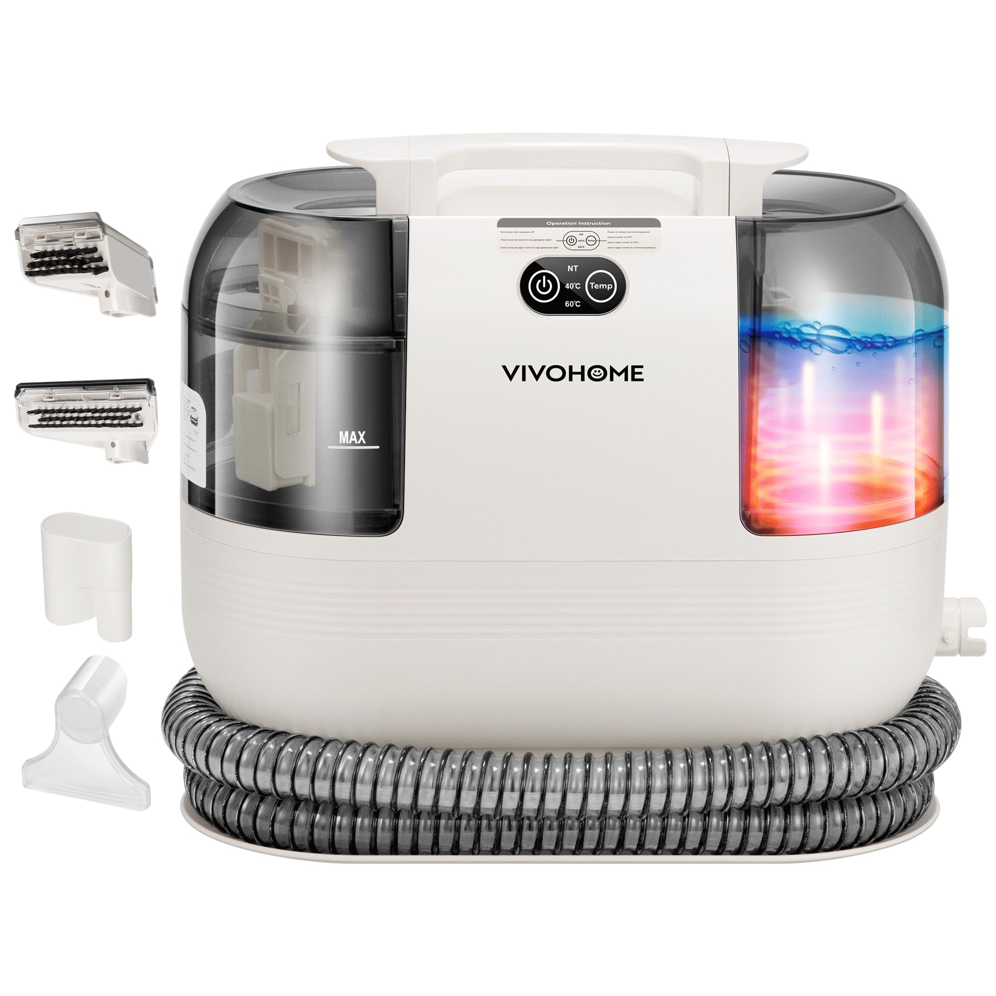 VIVOHOME Portable Carpet Cleaner Machine - 15s Fast Heating, 14Kpa Strong Suction, 4 Detachable Brush Heads for Pets, Upholstery, Couch & Car Seats - Self-Cleaning Spot Cleaner for Home, Office & Travel Use