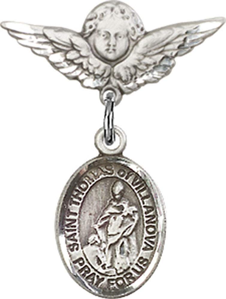 St. Thomas of Villanova & Angel Wing Sterling Silver Baby Badge Pin - Elegant Religious Jewelry for Christening, Baptism & First Communion Gifts