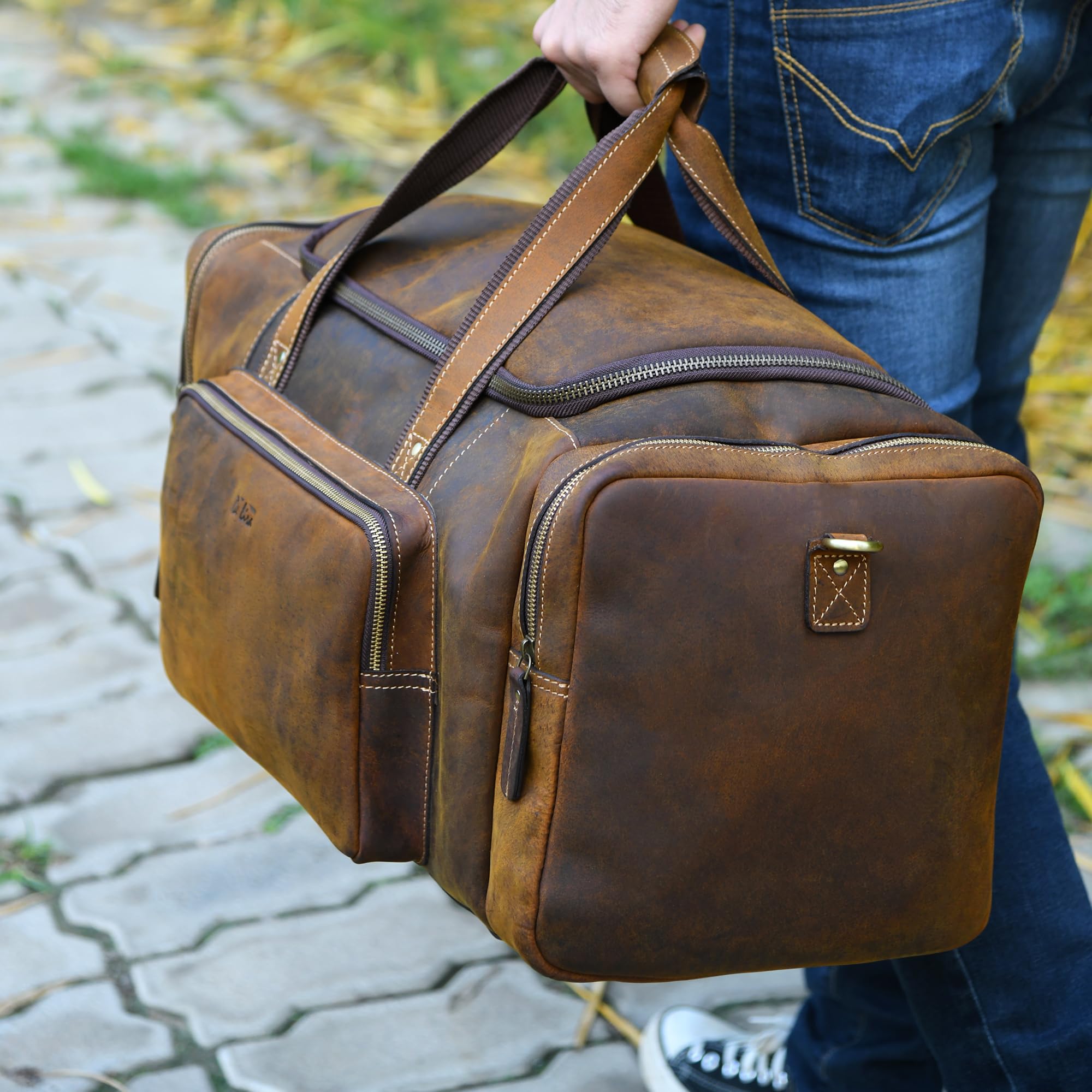 Premium Genuine Leather Duffel Bag - Water-Resistant Carry-On Luggage with Adjustable Shoulder Strap & Trolley Straps - Perfect for Travel, Gym, Business Trips & Weekend Getaways
