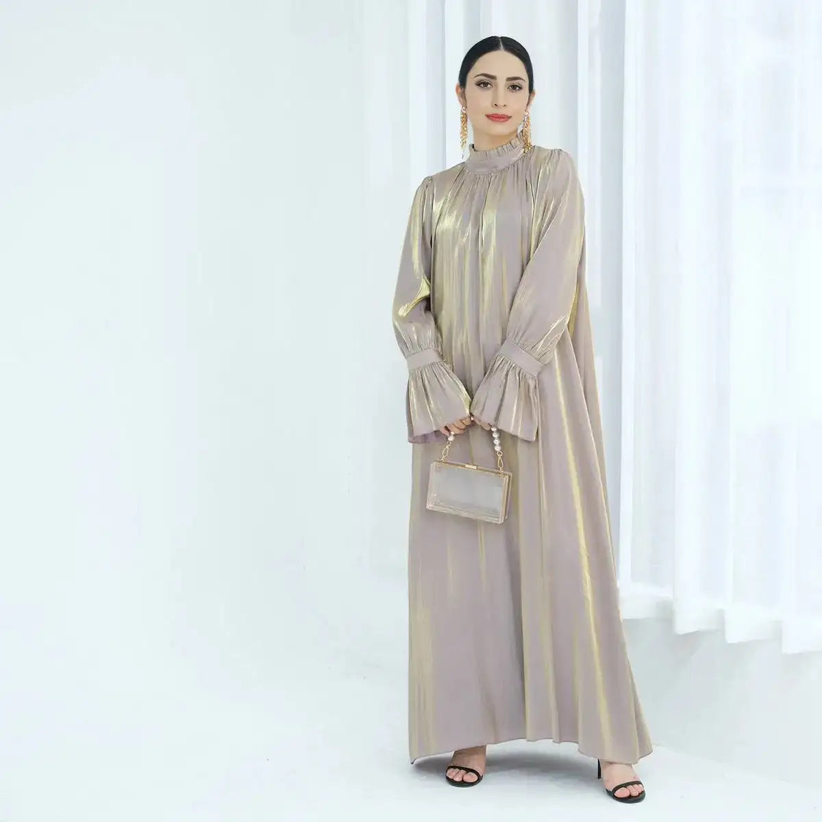 Elegant Bell Sleeve Gleam Shiny Abaya Dress for Women - Modest Islamic Fashion for Parties, Weddings & Special Occasions