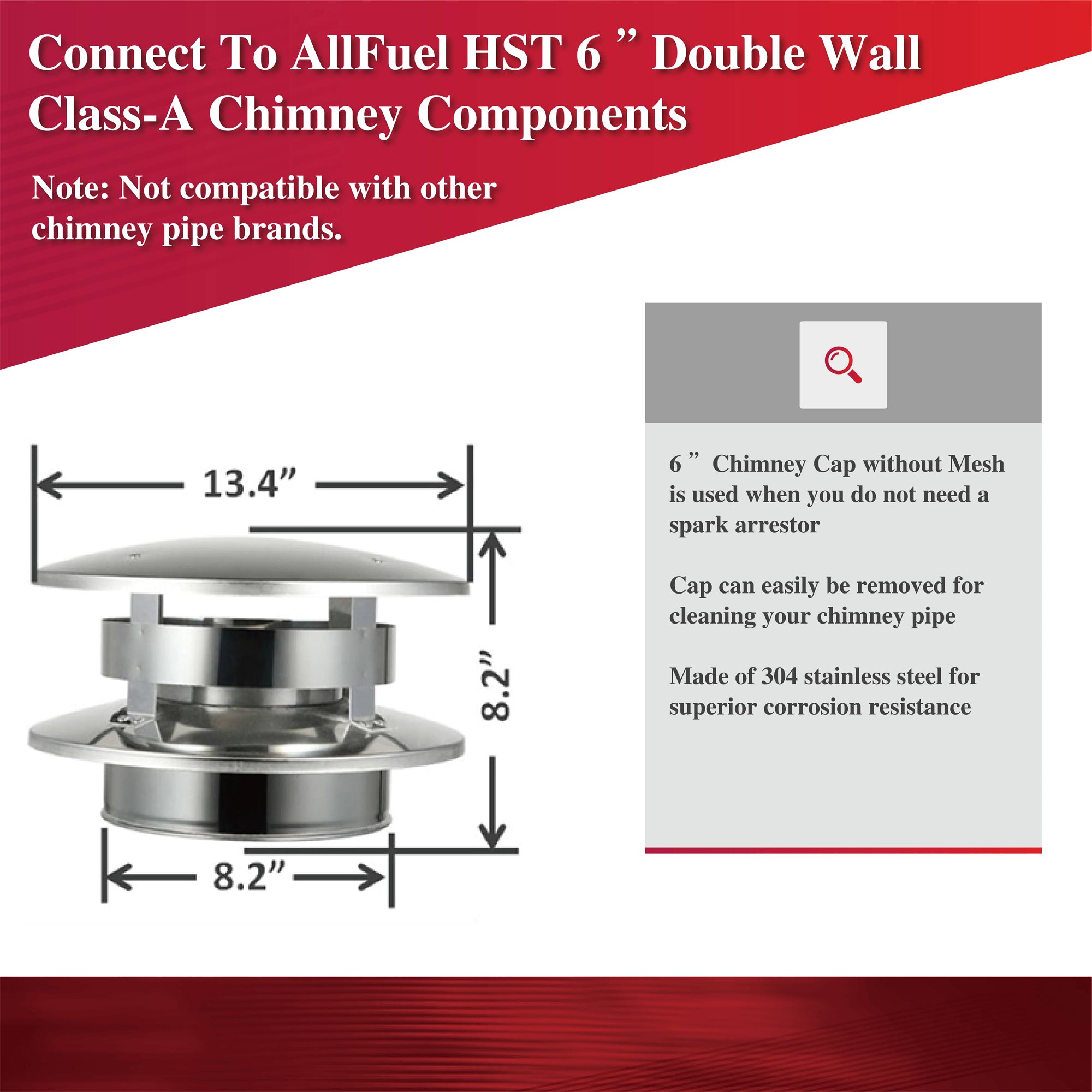 AllFuelHST Flat Top Chimney Cap - 6 Inch Inner Diameter Stainless Steel Chimney Cover for Wood Stove, Fireplace & Vent Pipe - Weatherproof Protection for Rain, Snow & Animals (Outdoor Use)