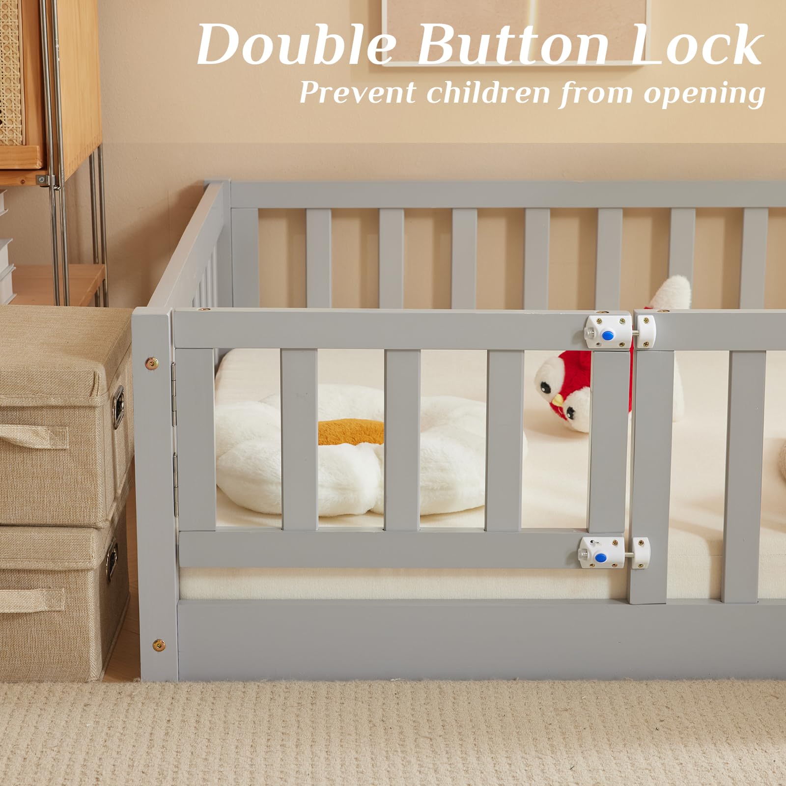 Montessori Toddler Floor Bed with Door & Safety Fence - Solid Wood Twin Bed Frame for Kids with 12 Slats & Guardrails - Grey (Perfect for Girls & Boys Bedroom, Playroom or Montessori Learning Space)