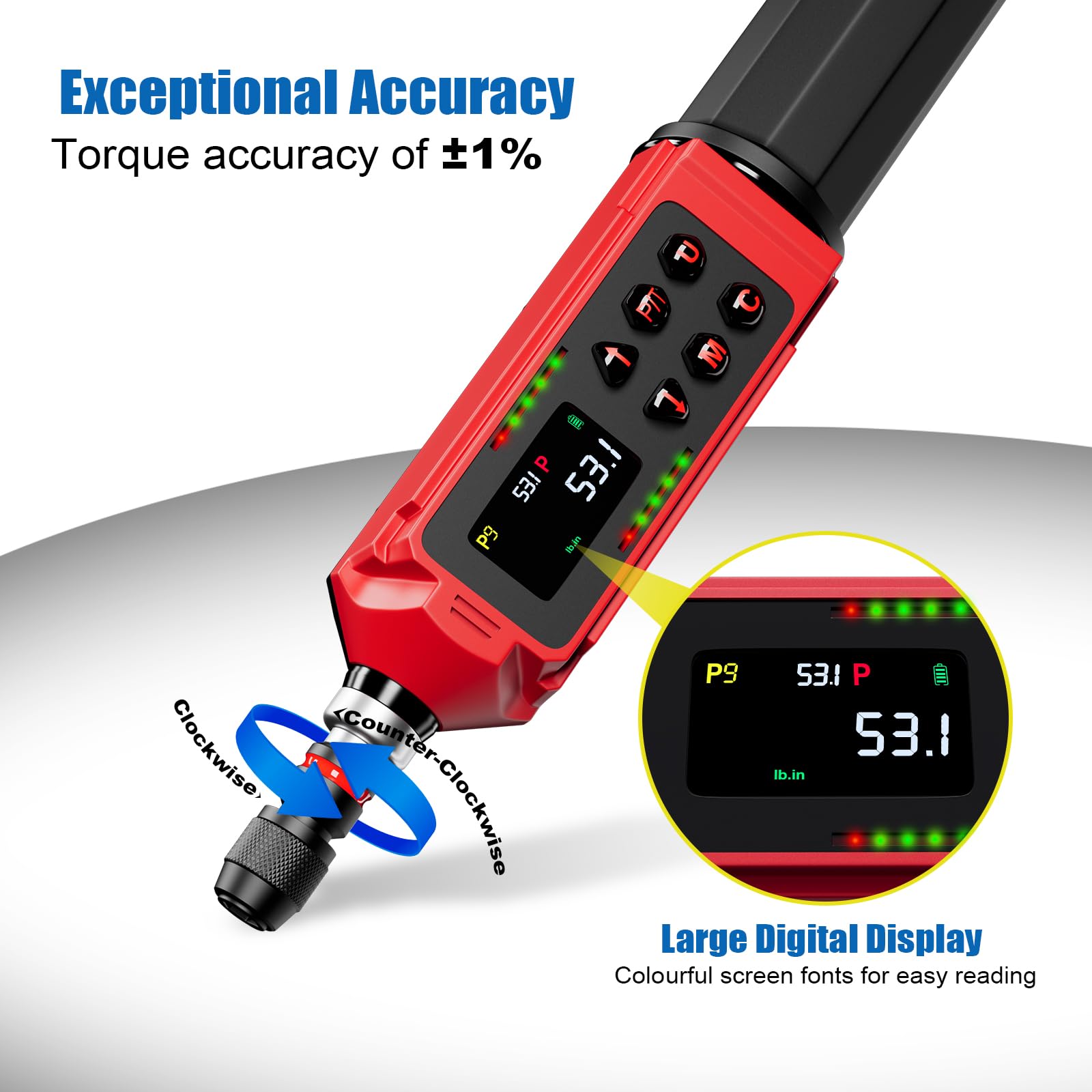 Digital Torque Screwdriver 0.8-53.1in-lbs (0.09-6Nm) - Electronic Adjustable Torque Wrench with ±1% Accuracy, Vibration Alert, Buzzer & LED Display - Perfect for Bike Repair, Automotive Maintenance & Precision Assembly Work