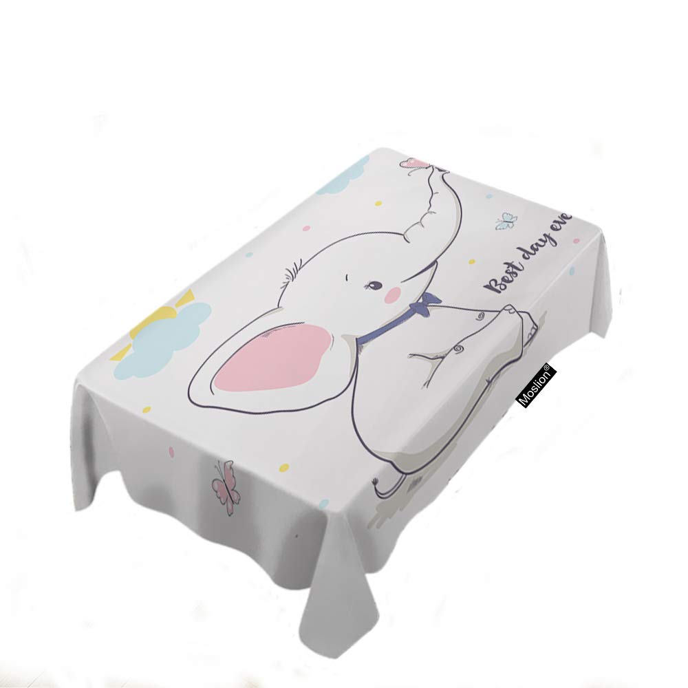 Moslion Elephant Tablecloth 52x70 Inch - Cute Butterfly Animal Cartoon Design White Polyester Rectangle Table Cover for Baby Shower, Nursery, Picnic, BBQ & Kitchen Decor