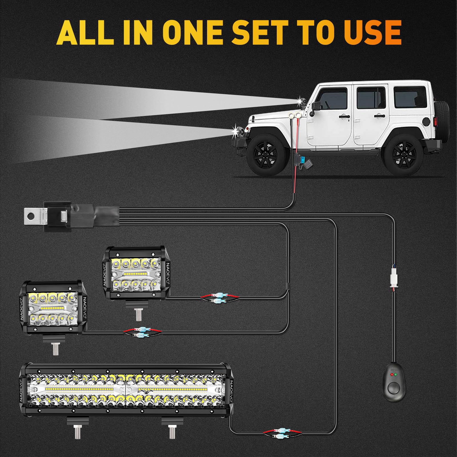 NAOEVO 12Inch LED Light Bar + 2PCS 4Inch LED Pod Lights - 420W 42000LM Off Road Lighting Kit with Wiring Harness - Spot Flood Combo for Trucks, ATVs, Boats - Perfect for Night Driving, Off-Roading & Marine Navigation