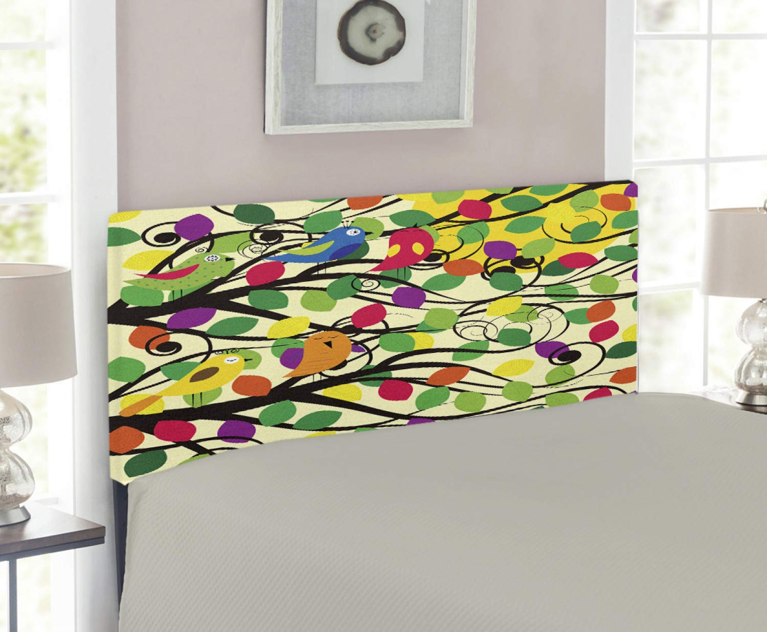Ambesonne Birds Upholstered Headboard - Cheerful Happy Birds Singing on Tree Branches with Colorful Spring Leaves, Decorative Metal Bed Headboard with Memory Foam, Twin Size, Multicolor - Perfect for Kids' Bedroom & Spring-Themed Home Decor