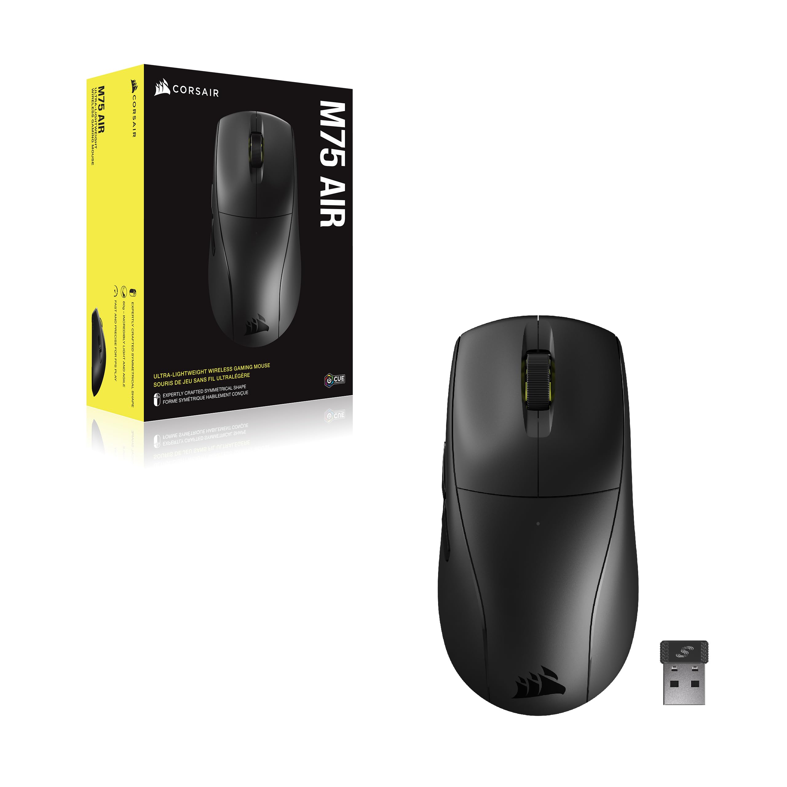 CORSAIR M75 AIR Wireless Ultra Lightweight Gaming Mouse - 26K DPI Optical Sensor, 100Hr Battery Life, Dual 2.4GHz & Bluetooth Connectivity, iCUE Software Compatible - Black RGB Gaming Mouse for PC, Mac, Esports & FPS Gaming