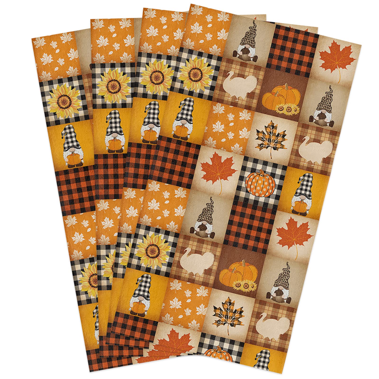 Premium Microfiber Kitchen Towels Set of 4 - Super Absorbent Reusable Dish Cloths (18x28 Inch) for Drying Dishes, Thanksgiving Decor & Holiday Kitchen Decorations - Pumpkin, Turkey, Maple Leaves, Sunflower, Gnome & Plaid Patterns - Perfect for Daily Cleaning, Hosting & Seasonal Home Decor
