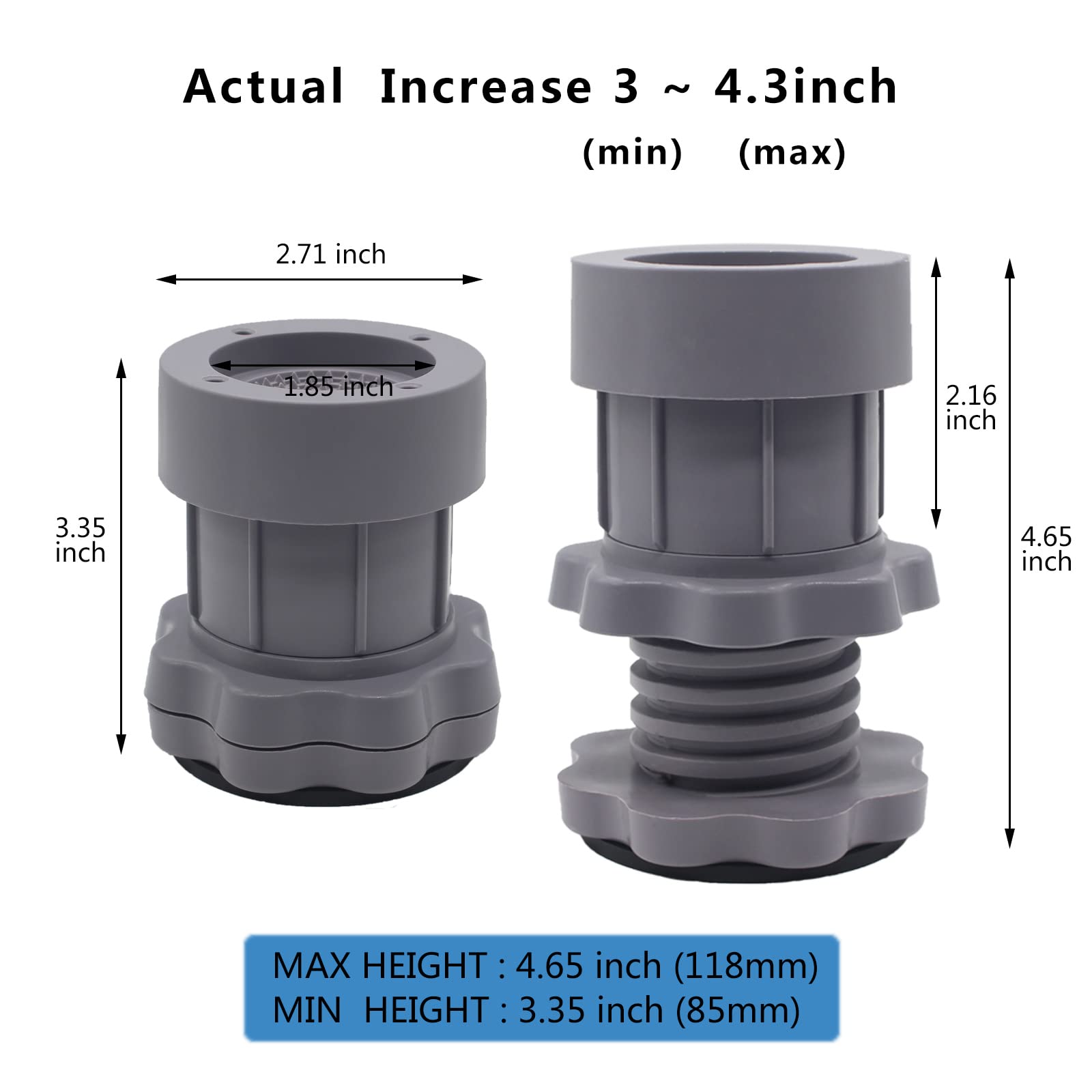 4 Sets Heavy Duty 3-4 Inch Adjustable Furniture Bed Risers - Supports Washing Machine, Sofa, Fridge & Chairs (Light Gray) - Perfect for Home, Dorm & Office Organization