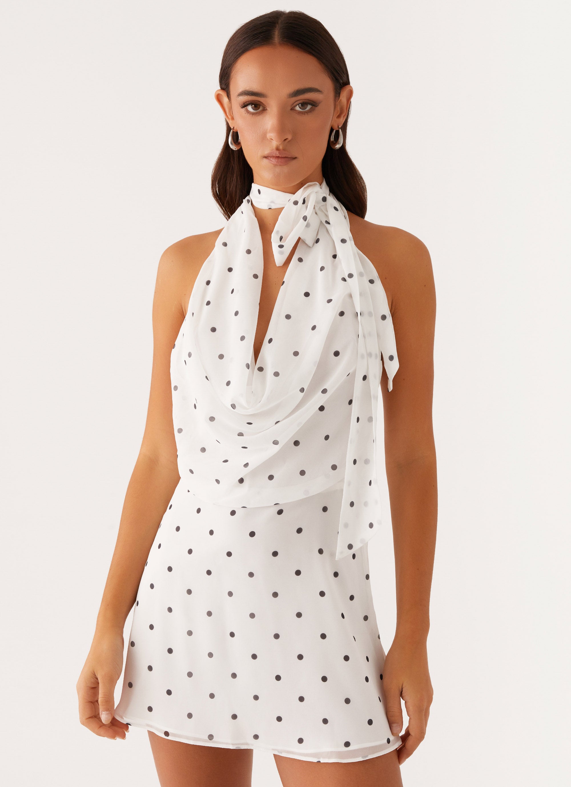 Avalia Backless Scarf Mini Dress - White Polka Dot Summer Beach Dress for Women | Sexy Party Outfit, Clubwear, Vacation Dress