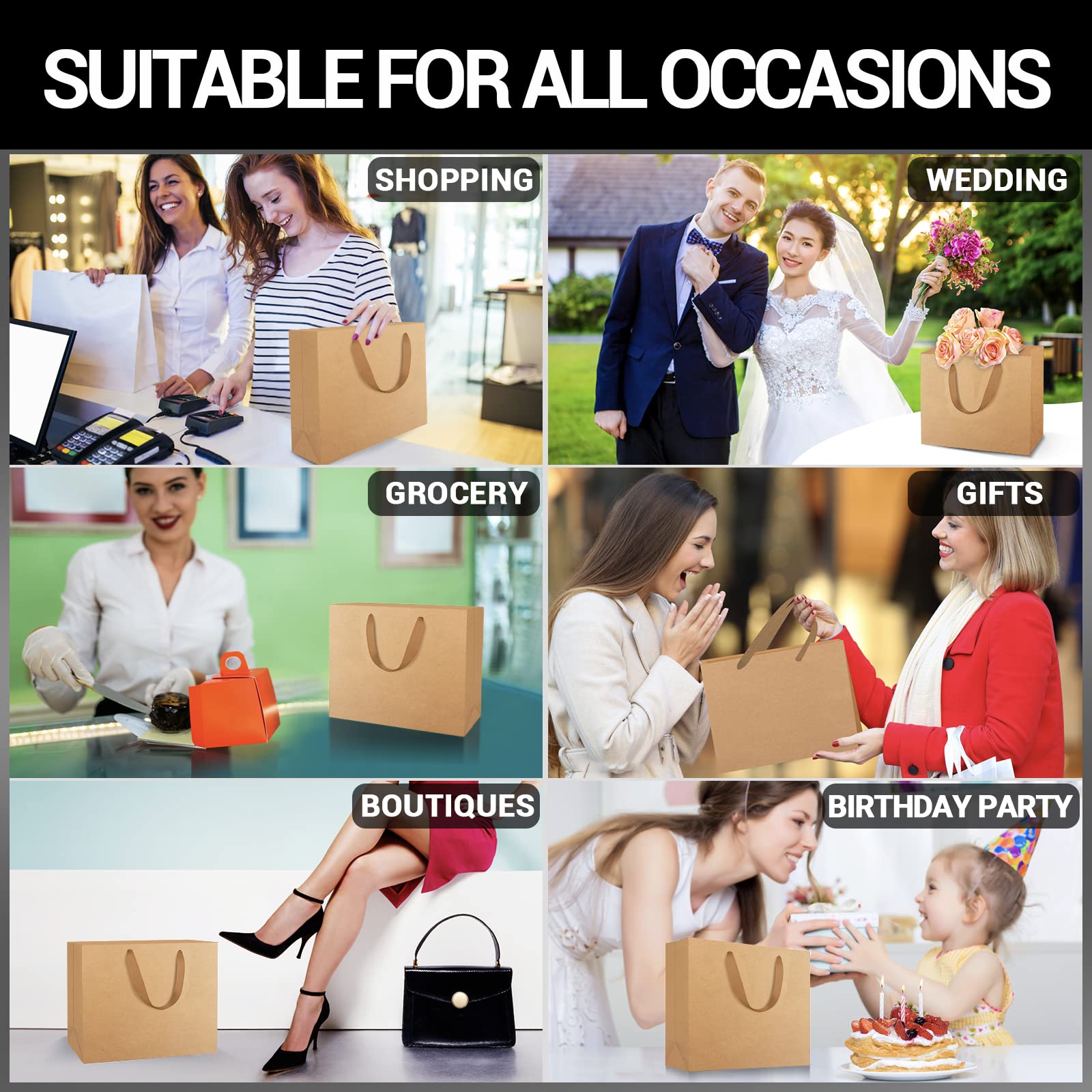 EUSOAR 50pcs Kraft Paper Gift Bags with Ribbon Handles - 8.6