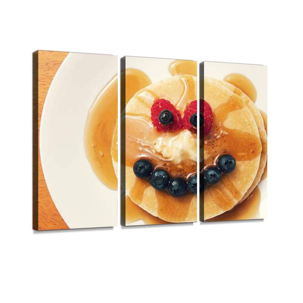 3 Panel Wall Art - Modern Canvas Prints of Funny Face Pancakes with Syrup | Home Decor for Living Room & Bedroom | Ready to Hang | Perfect for Breakfast Nook, Diner Style Kitchen & Cozy Dining Areas