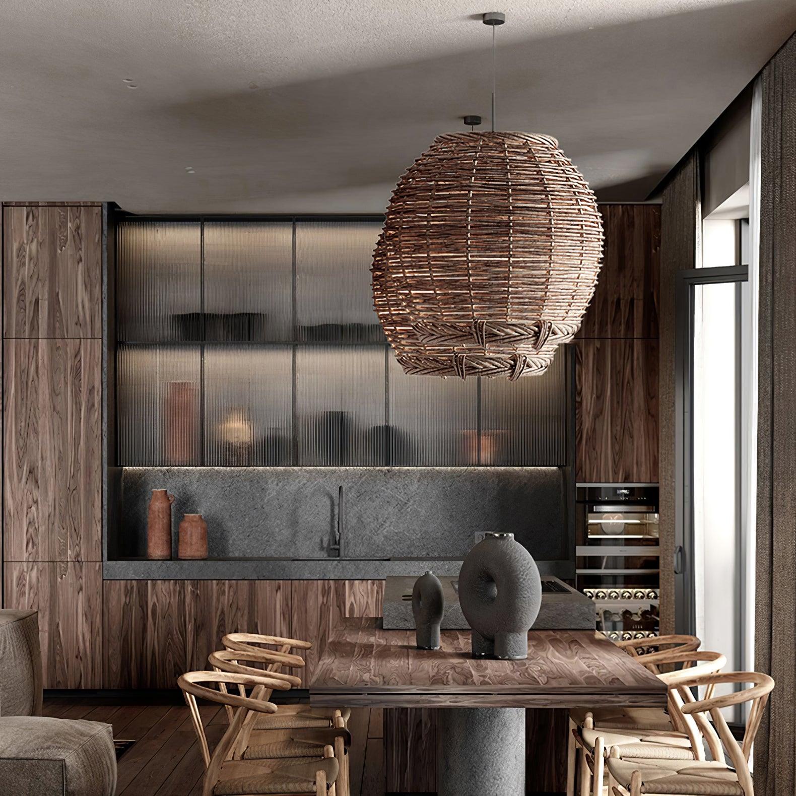 Modern Rattan Pendant Light - Handwoven Natural Wicker Hanging Lamp for Boho, Farmhouse & Coastal Home Decor - Perfect for Dining Room, Bedroom or Patio Lighting