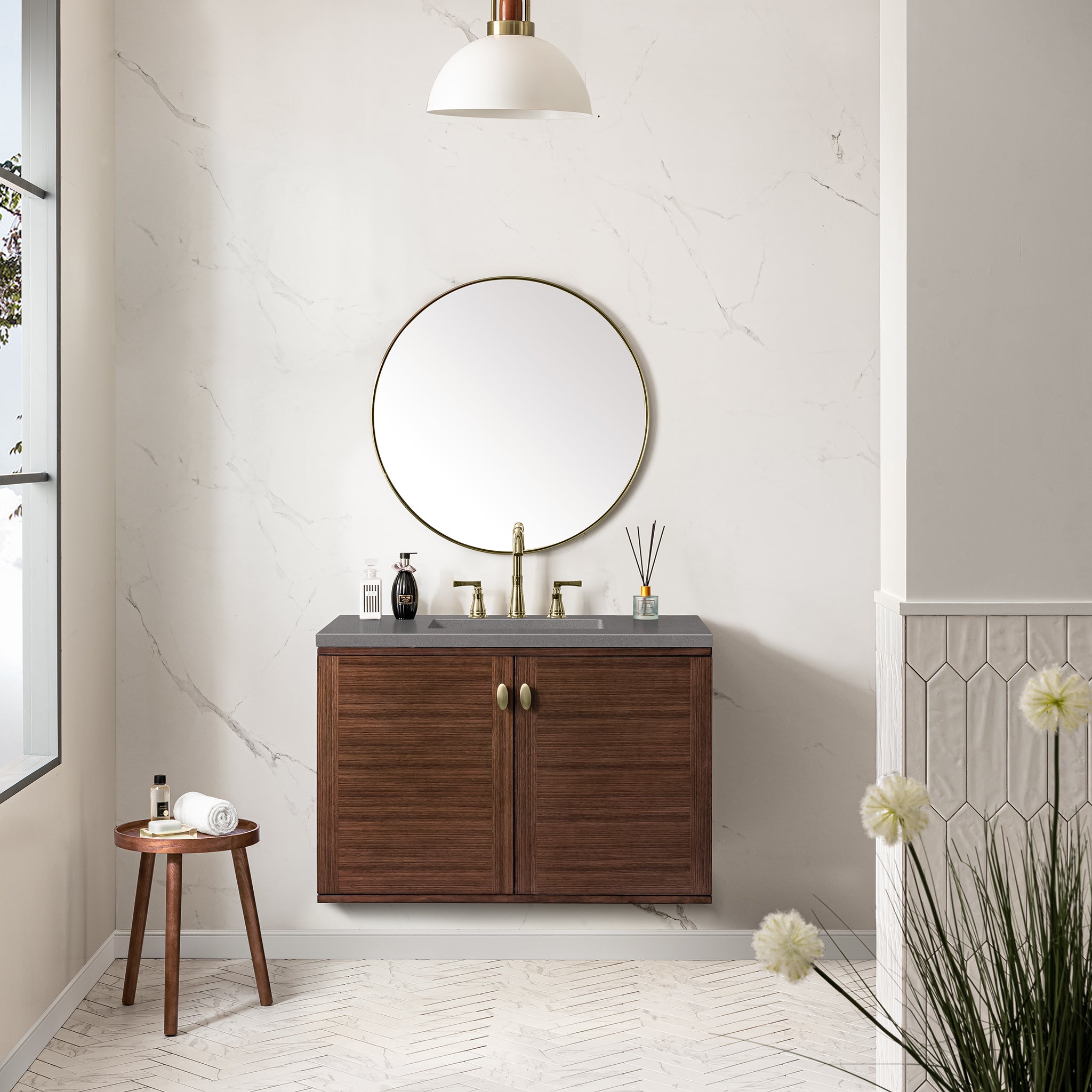 Amberly 36 Inch Single Bathroom Vanity - Mid Century Modern Walnut Wood with 3CM Gray Expo Top for Small Bathroom & Powder Room Remodel