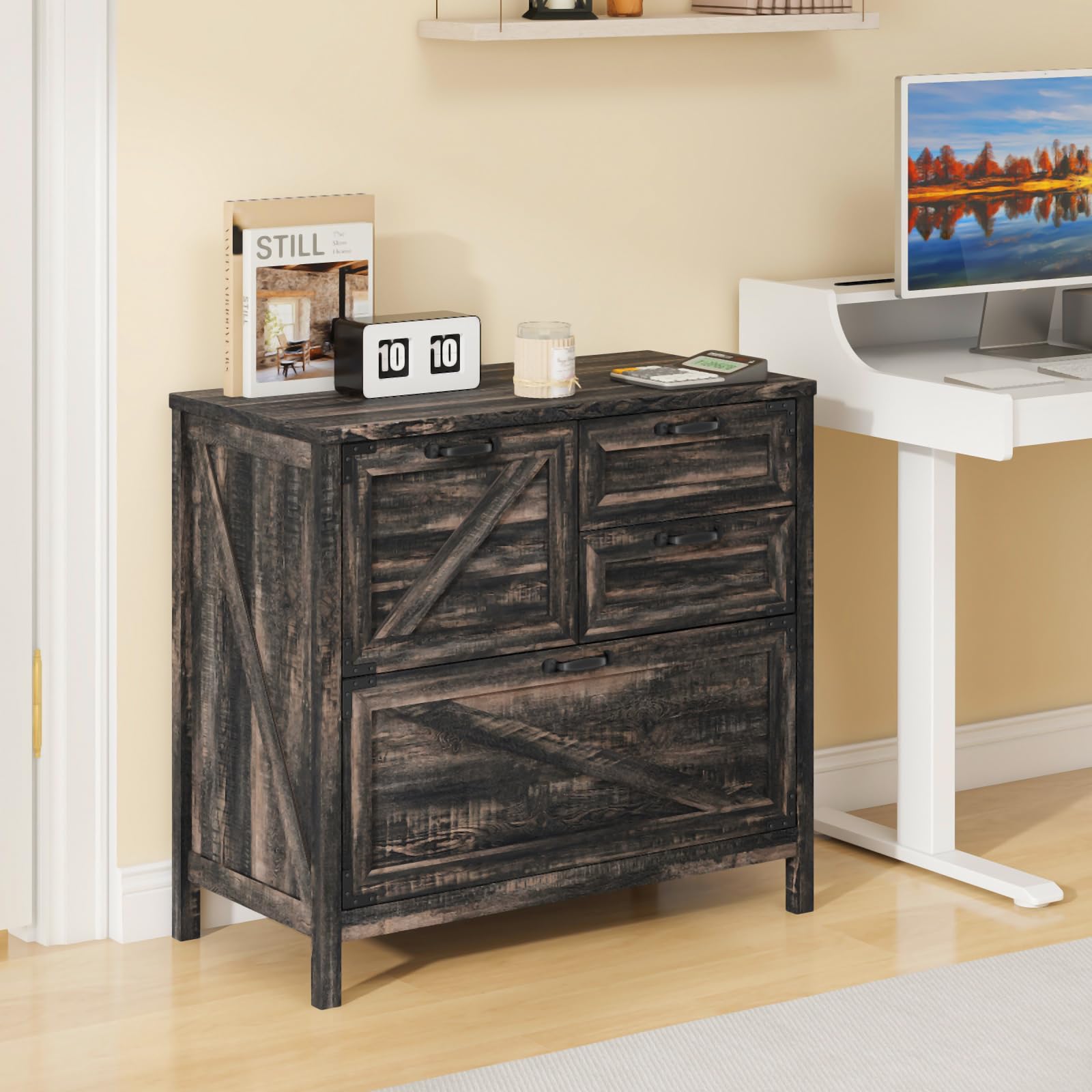 4-Drawer Farmhouse Lateral File Cabinet for Letter/Legal/A4 Hanging Files - Rustic Oak Wood Storage Cabinet with Printer Stand - Perfect for Home Office Organization & Document Storage