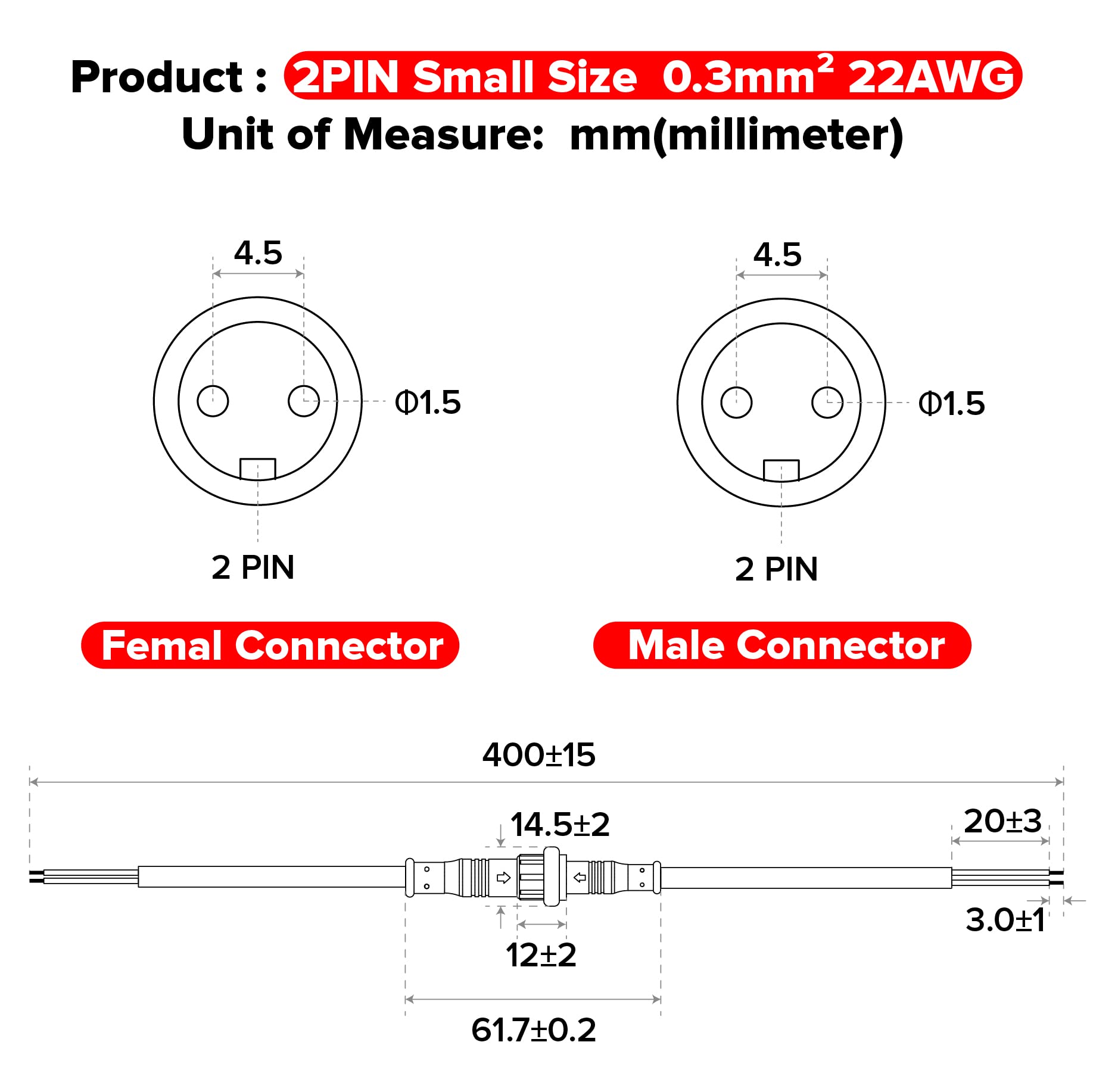 BTF-LIGHTING 2 Pin IP65 Waterproof Electrical Connector Set - 22AWG Male Female Connector with 20cm Extension Cable for LED Strip Lights - Perfect for Cars, Trucks, Boats & Indoor/Outdoor Lighting (5 Pairs, 15mm Nut Size)