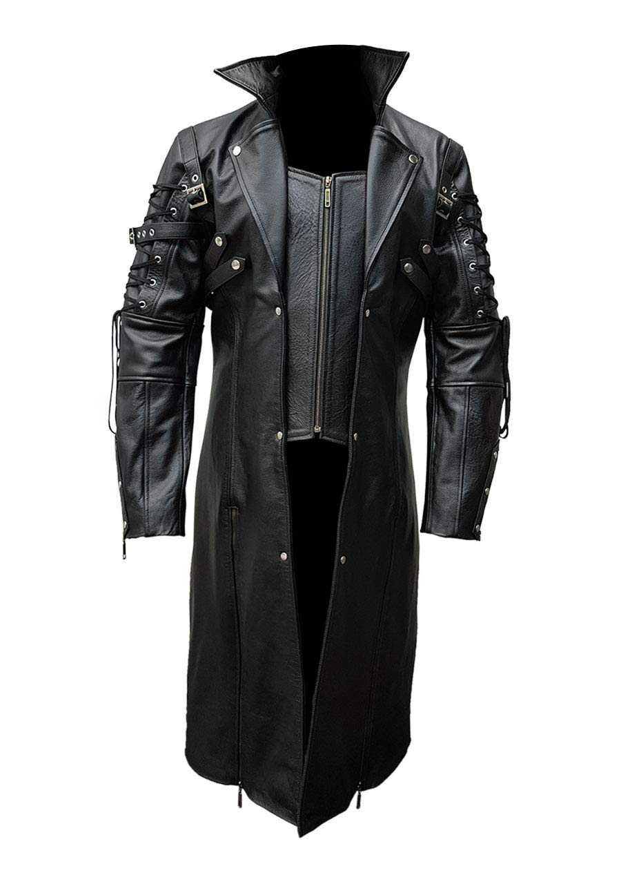 Men's Black Leather Trench Coat - Goth Steampunk Style for Outdoor & Cosplay