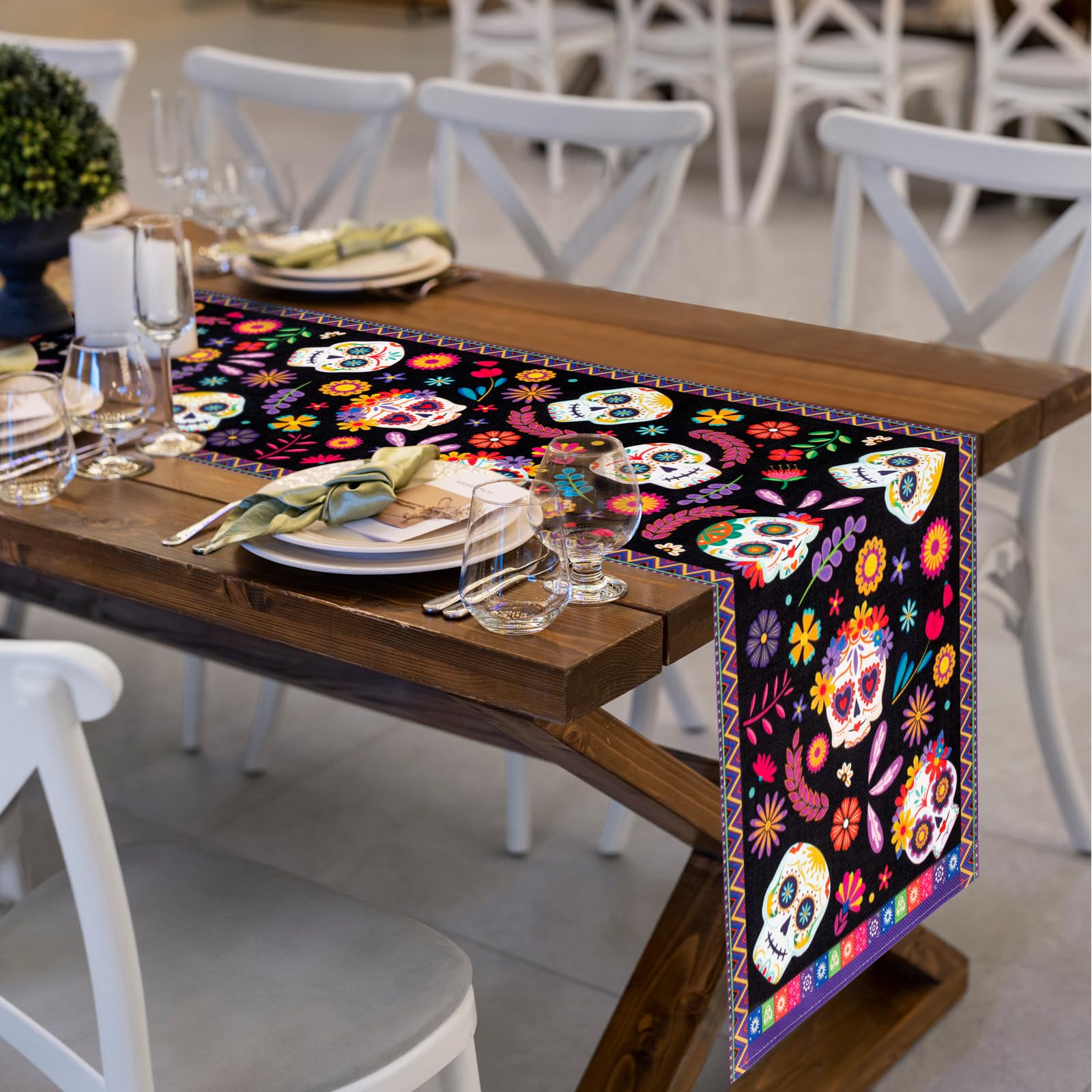 Vibrant Day of the Dead Table Runner - Authentic Mexican Dia de Los Muertos Altar Decor for Ofrenda Celebrations | Perfect for Halloween, Home Decor & Cultural Festivals