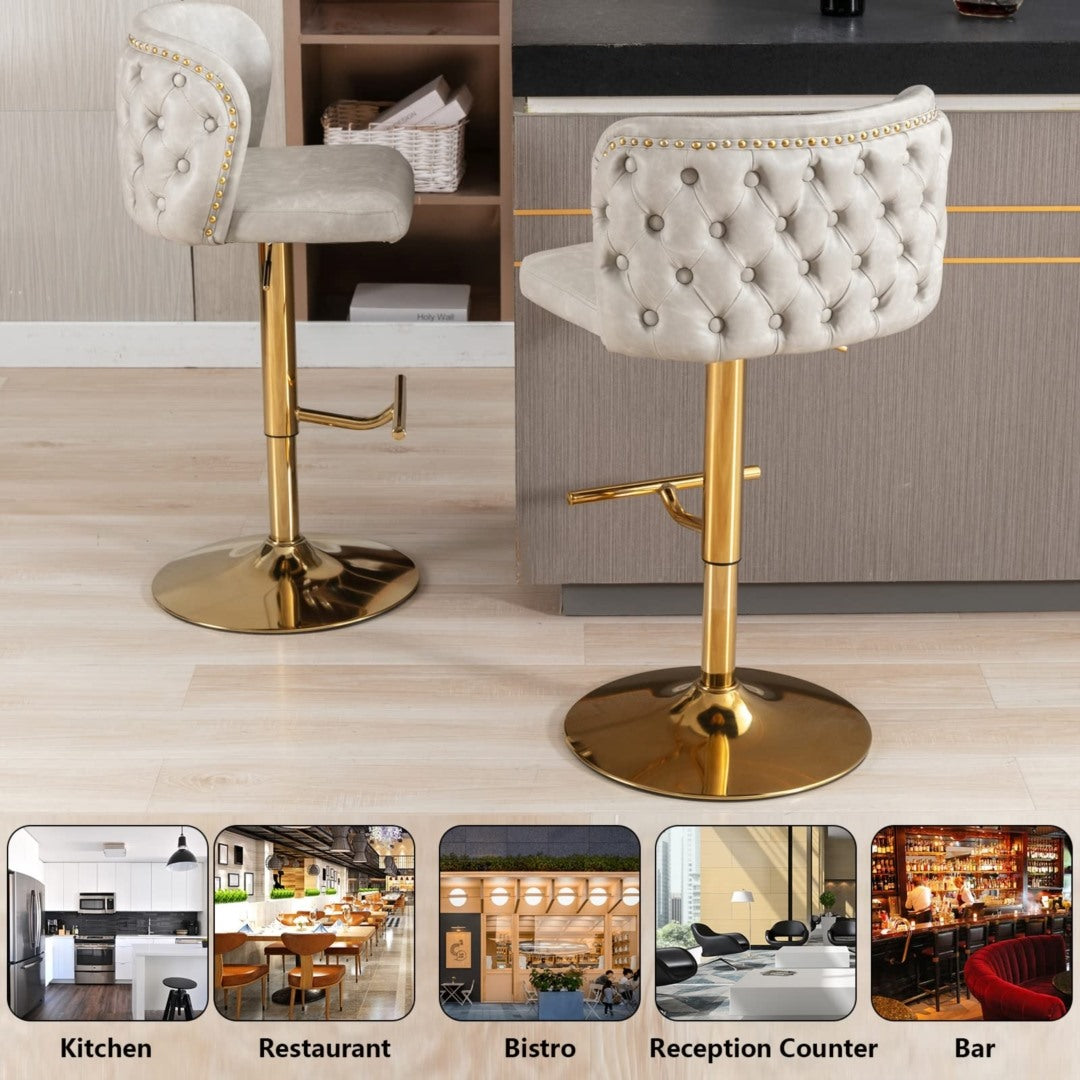 Premium Swivel Bar Stools with Golden Base - Genuine Leather Upholstery in Beige for Kitchen Island, Home Bar & Dining Room Decor