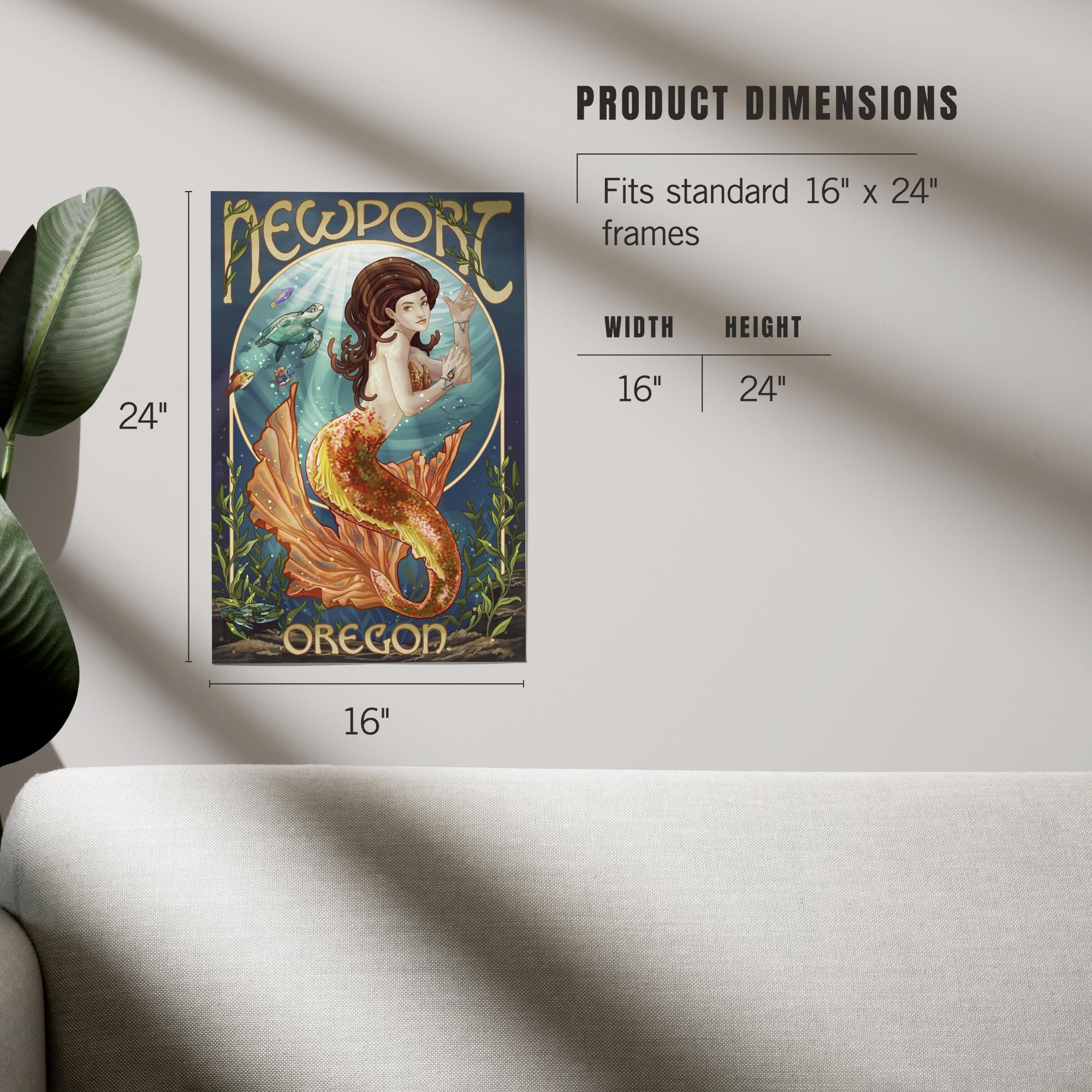 Lantern Press 16x24 Inch Giclee Art Print - Coastal Wall Decor Featuring Newport Oregon Mermaid Painting | Perfect for Beach House, Living Room or Bedroom Decor