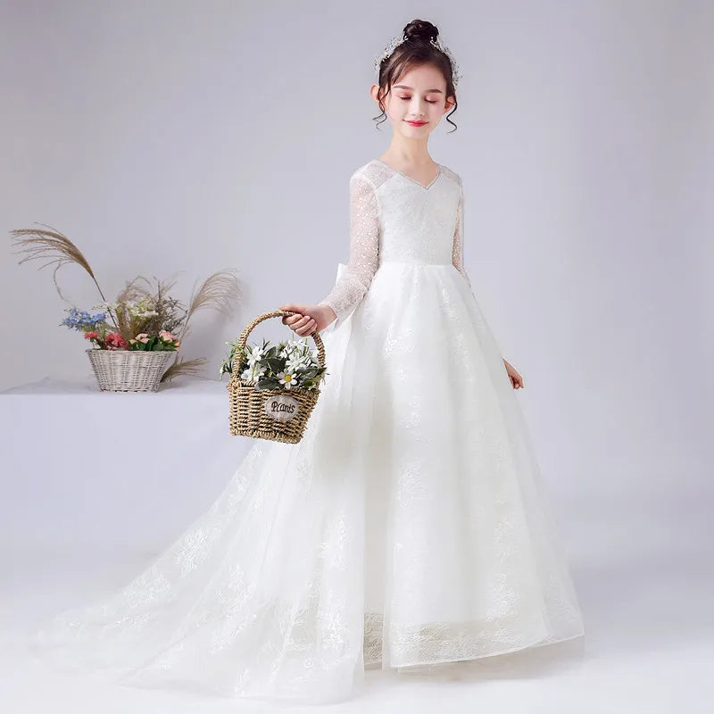 Elegant Long Sleeve Lace Flower Girl Dress for Weddings - Princess Party Gown for Special Occasions, Birthday Celebrations & Formal Events