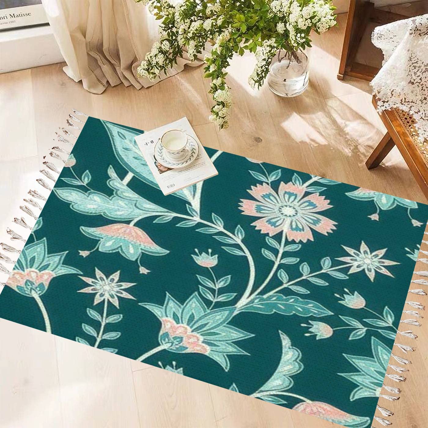 Vintage Cotton Linen Tassel Rug - Floral Boho Area Rug with Indian Paisley & Jacobean Batik Patterns | Washable Woven Runner Mat for Kitchen, Bathroom, Outdoor & Living Room Decor