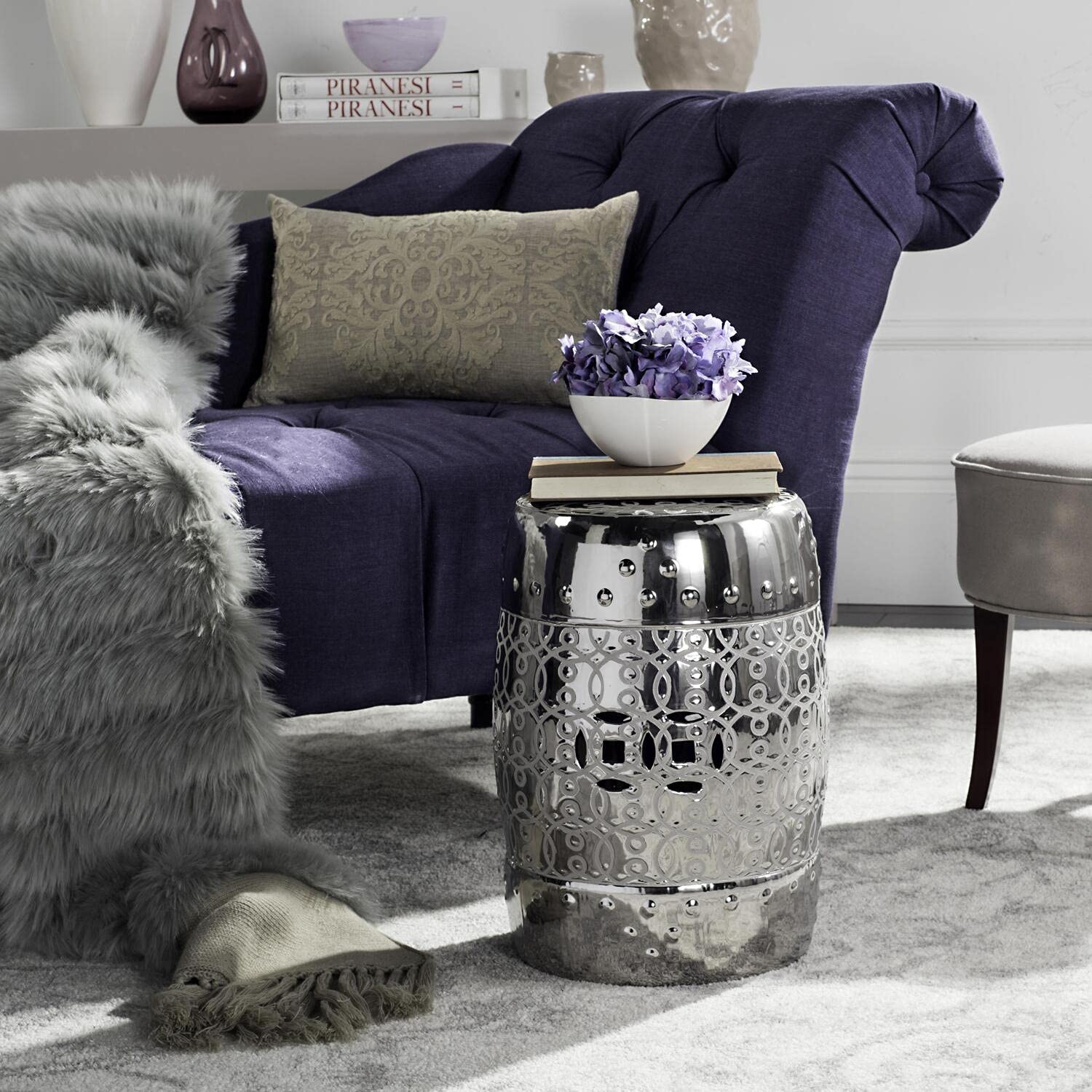 Safevieh Lantana Glazed Ceramic Decorative Garden Stool - Silver | Outdoor Patio Furniture, Side Table for Poolside, Porch & Garden Decor