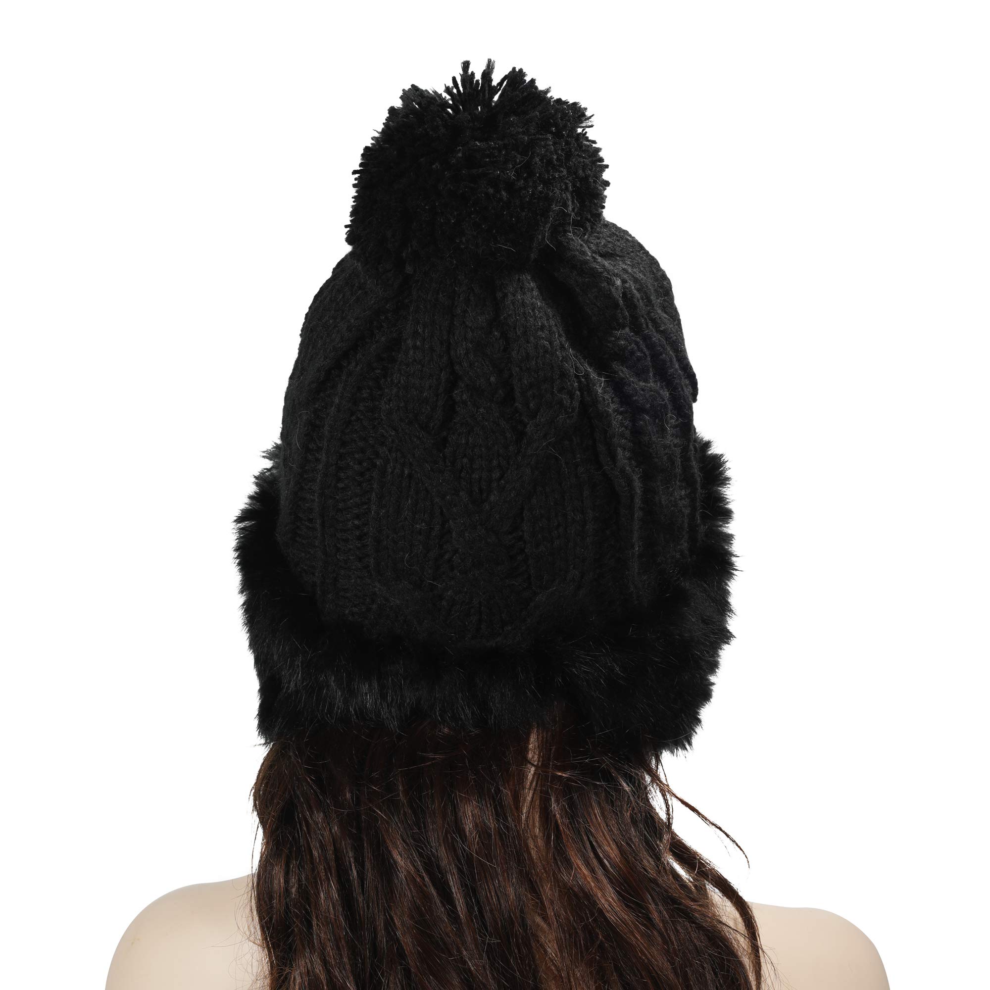 ZLYC Women's Winter Warm Rabbit Fur Knit Bobble Beanie Hat with Earflaps - Cozy & Stylish Cold Weather Accessory for Outdoor Activities, Skiing, and Daily Winter Fashion