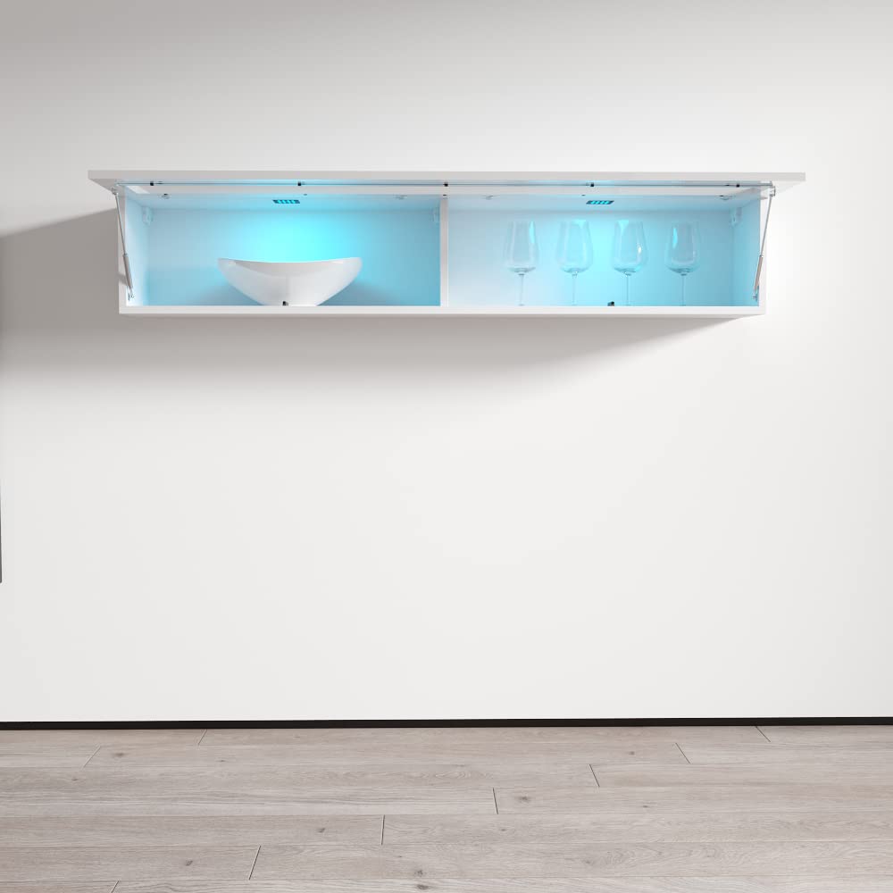 Modern Floating Media Cabinet - White High Gloss Wooden Wall-Mounted TV Stand with LED Lights for Living Room, Bedroom & Home Theater Storage