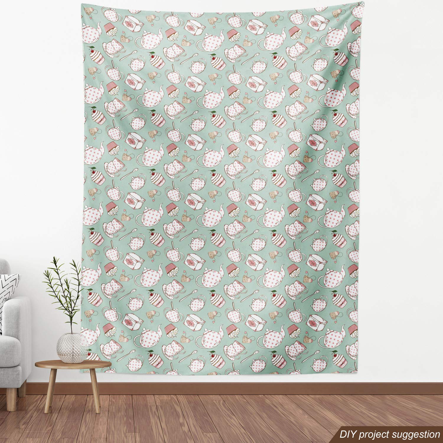 Ambesonne Tea Party Fabric by The Yard - Polka Dot Teapot & Cupcake Print Upholstery Material (10 Yards, Green Coral) | Perfect for DIY Home Decor, Table Runners, Curtains & Craft Projects