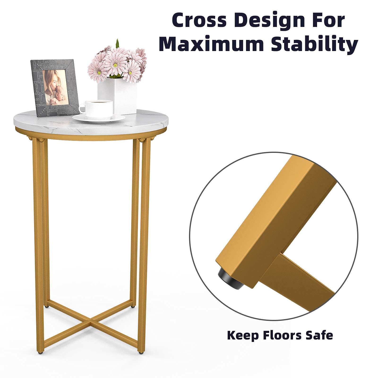 Modern Round Side Accent Table with Faux Marble Top & Gold Metal Frame - End Table, Nightstand for Living Room, Bedroom - Easy Assembly (Perfect for Sofa Side, Reading Nook & Small Space Decor)