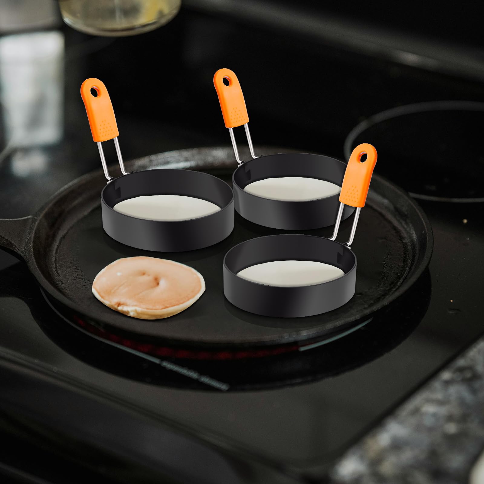 Stainless Steel Egg Rings with Silicone Handle - Nonstick Round Egg Cooking Molds (4Pcs 3.5