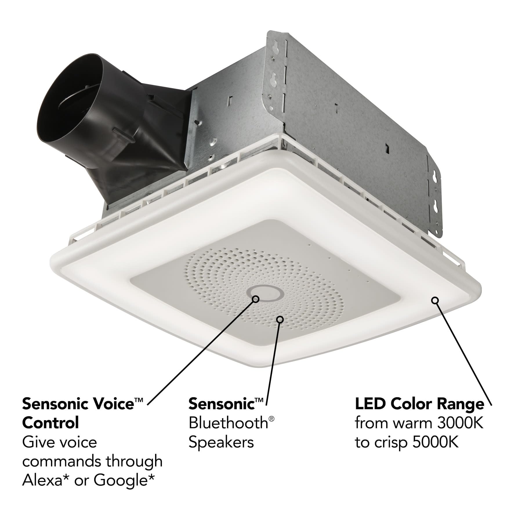 Broan-NuTone VC110CCT Sensonic Smart Exhaust Fan with Alexa Voice Control, Dimmable LED Light, Bluetooth Speakers, 110 CFM, White, 13.25x13.25x5.75 Inches – Perfect for Bathrooms and Kitchens