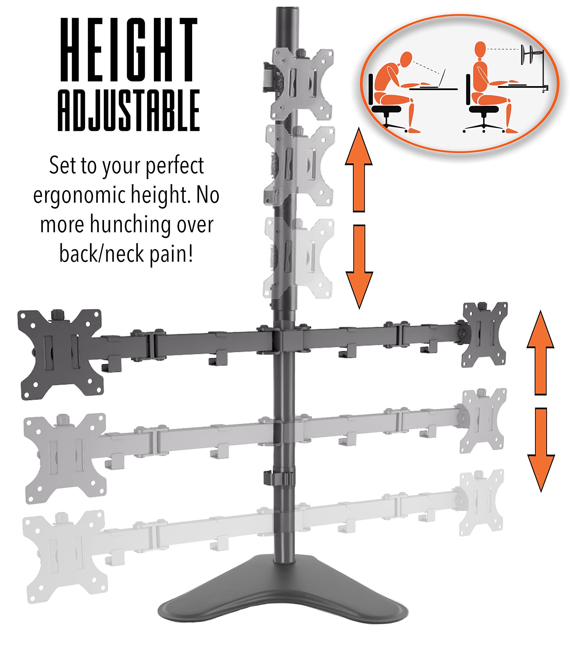 Stand Steady Triple Monitor Desk Stand with Tabletop Base - Adjustable Height & Full Articulation VESA Mount for 13-32 Inch LCD/LED Screens | Perfect for Home Office, Gaming & Workstation Setup