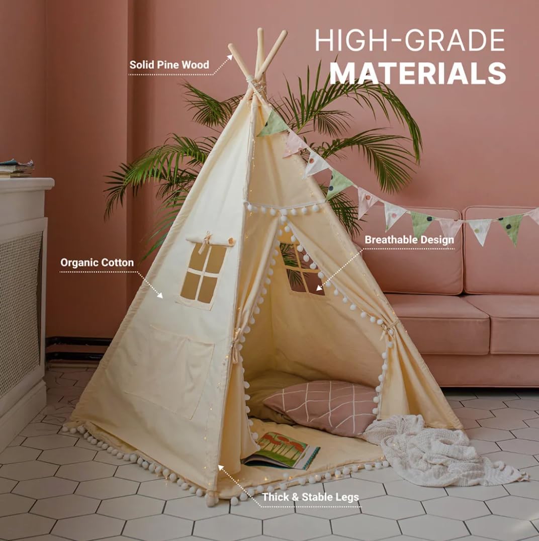 Kids Play Teepee Tent - 100% Organic Cotton Playhouse for Boys & Girls | Indoor Play Tent, Bedroom Decor & Reading Nook | Perfect for Imaginative Play, Sleepovers & Nursery Decorations
