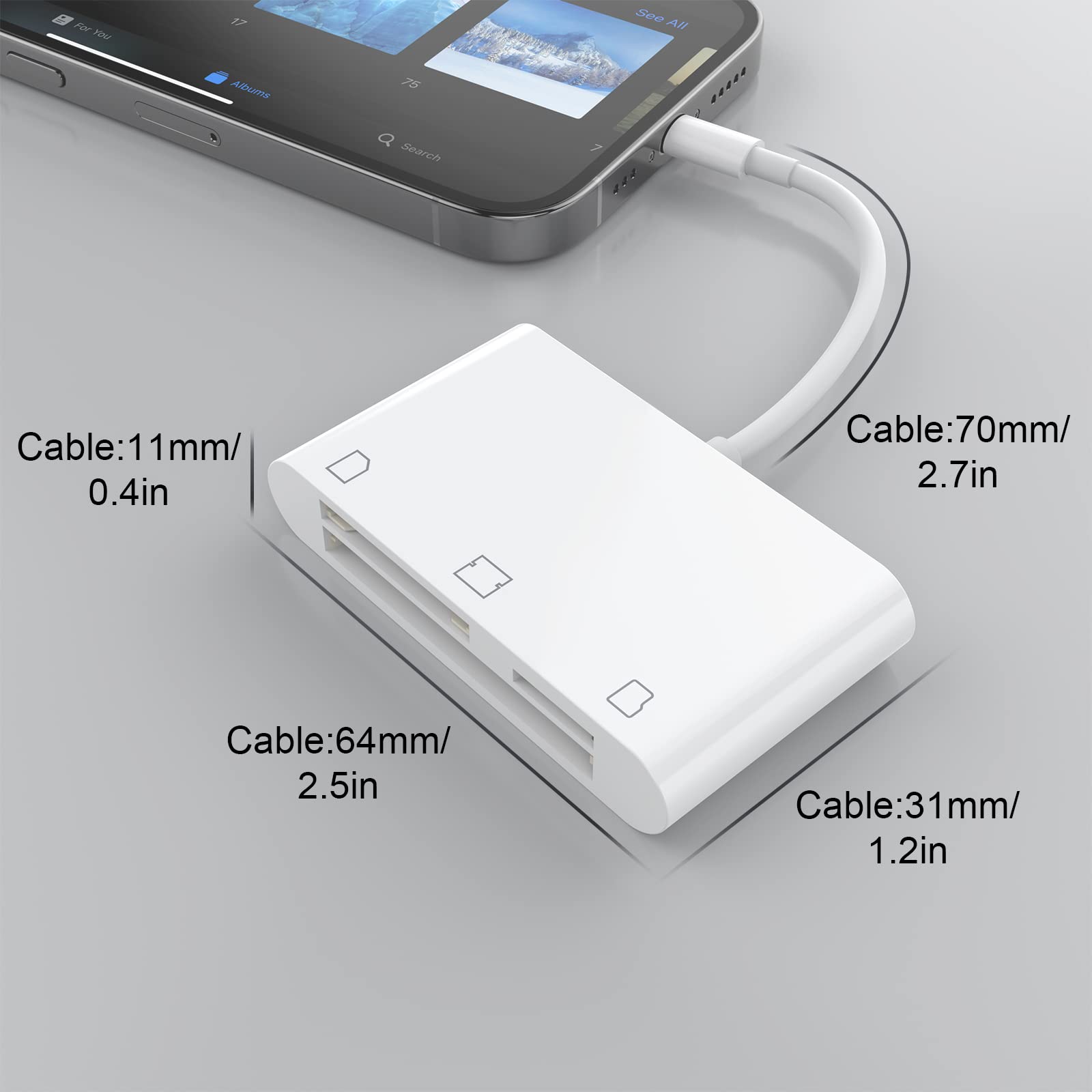 3-in-1 Lightning SD/TF/CF Card Reader for iPhone 13/12/11 & iPad - Plug & Play Memory Card Adapter for Digital Cameras - Perfect for Travel Photography & File Transfer Without Apps
