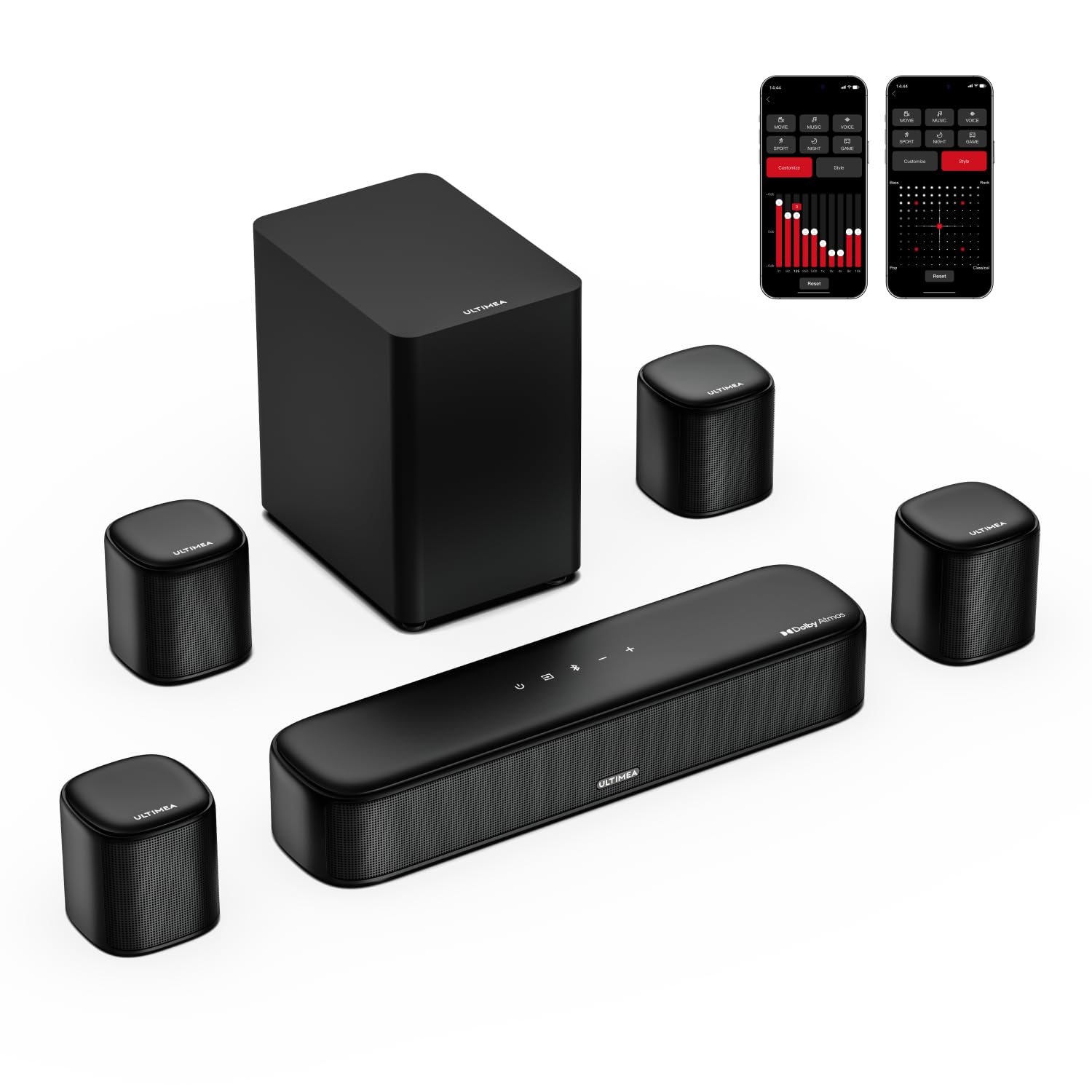 ULTIMEA A60 7.1ch Dolby Atmos Sound Bar with Wireless Subwoofer & 4 Surround Speakers - HDMI eARC, App Control for Smart TVs - Home Theater System for Movies, Gaming & Music Streaming