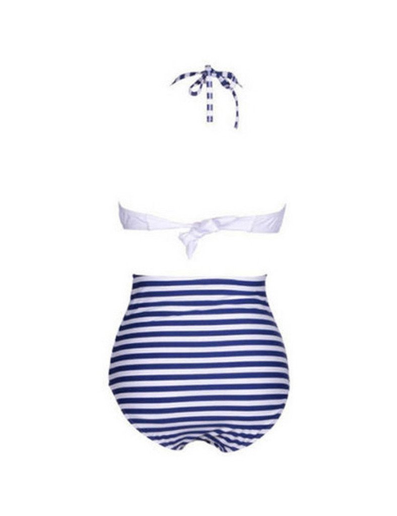 Women's Vintage High Waisted Bikini Set - Polka Dot White Top + Blue & White Striped Bottom | Retro Swimwear for Beach, Pool & Summer Vacations