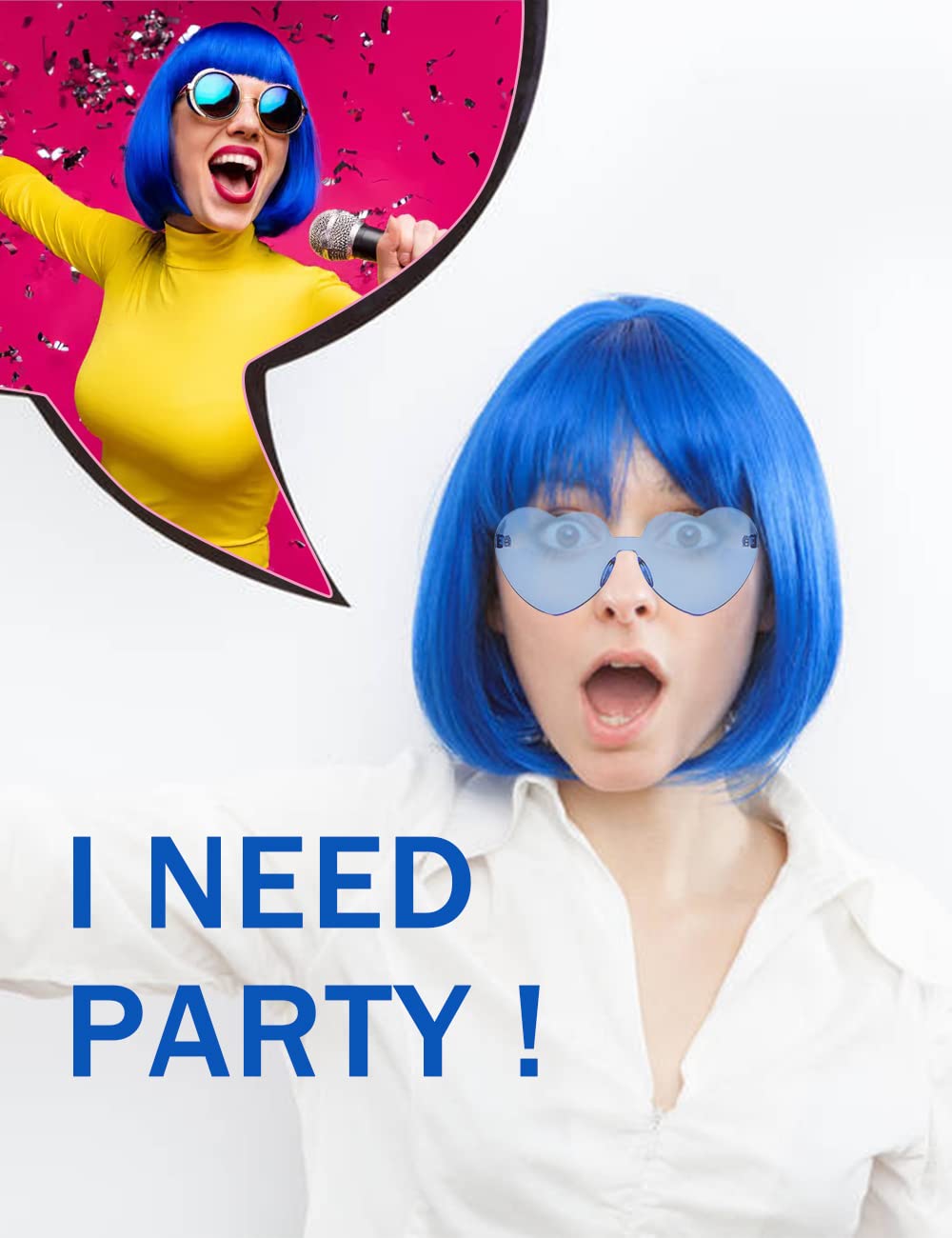 Blue Wig with Neon Glasses - Rainbow Cosplay Wig for Women - Bachelorette Party Accessories & Costume - Perfect for Halloween, Cosplay, Themed Parties & TikTok Videos