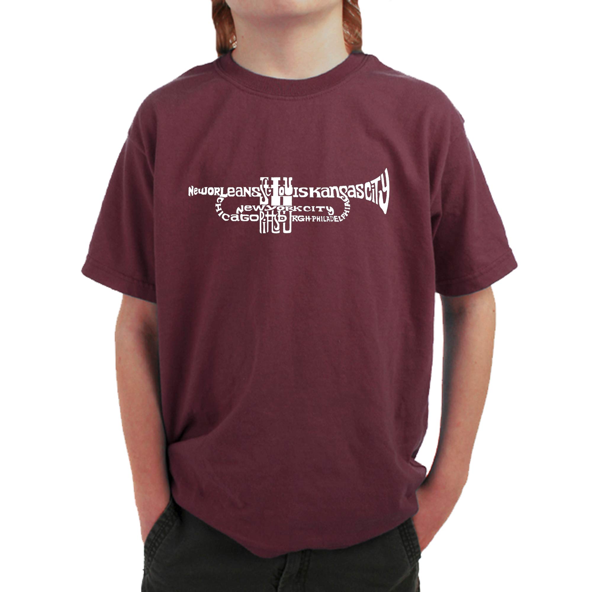 LA POP ART Boys' Word Art Graphic T-Shirt - Cool Trumpet Design for Kids | Perfect for Casual Wear, School, and Music Events