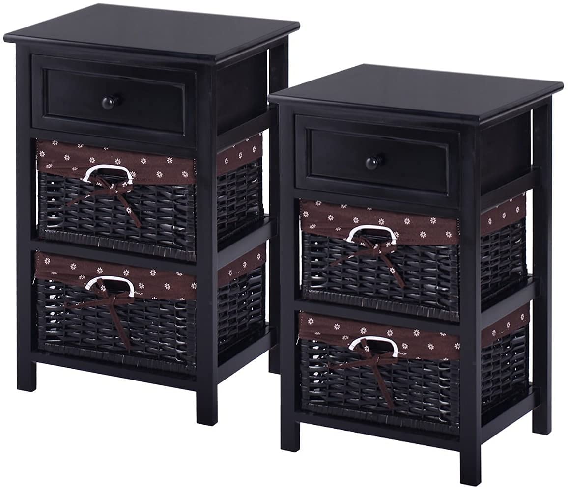 KOTEK 3-Tier Wooden Nightstand with Storage - 2 Baskets & 1 Drawer, Modern Side End Table for Living Room, Bedroom, Office - Space-Saving Accent Table (Black) - Perfect for Small Spaces, Apartment Decor & Bedside Organization