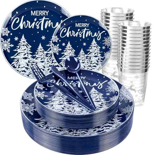 150pcs Blue and White Christmas Plastic Dinnerware Set