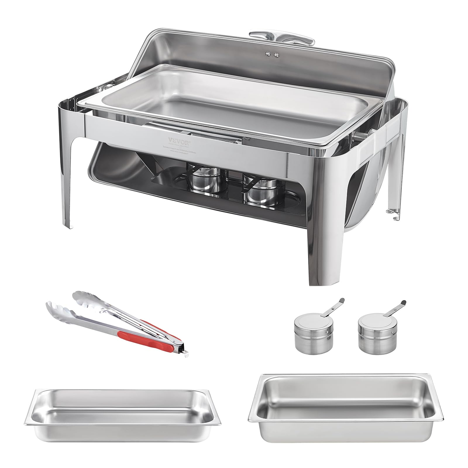 VEVOR 9 Qt Stainless Steel Roll Top Chafing Dish Buffet Set with Full Size Pan, Rectangle Catering Warmer with Lid, Water Pan Stand & Fuel Holder - Perfect for Buffets, Catering Events, Wedding Receptions & Serving 9+ People