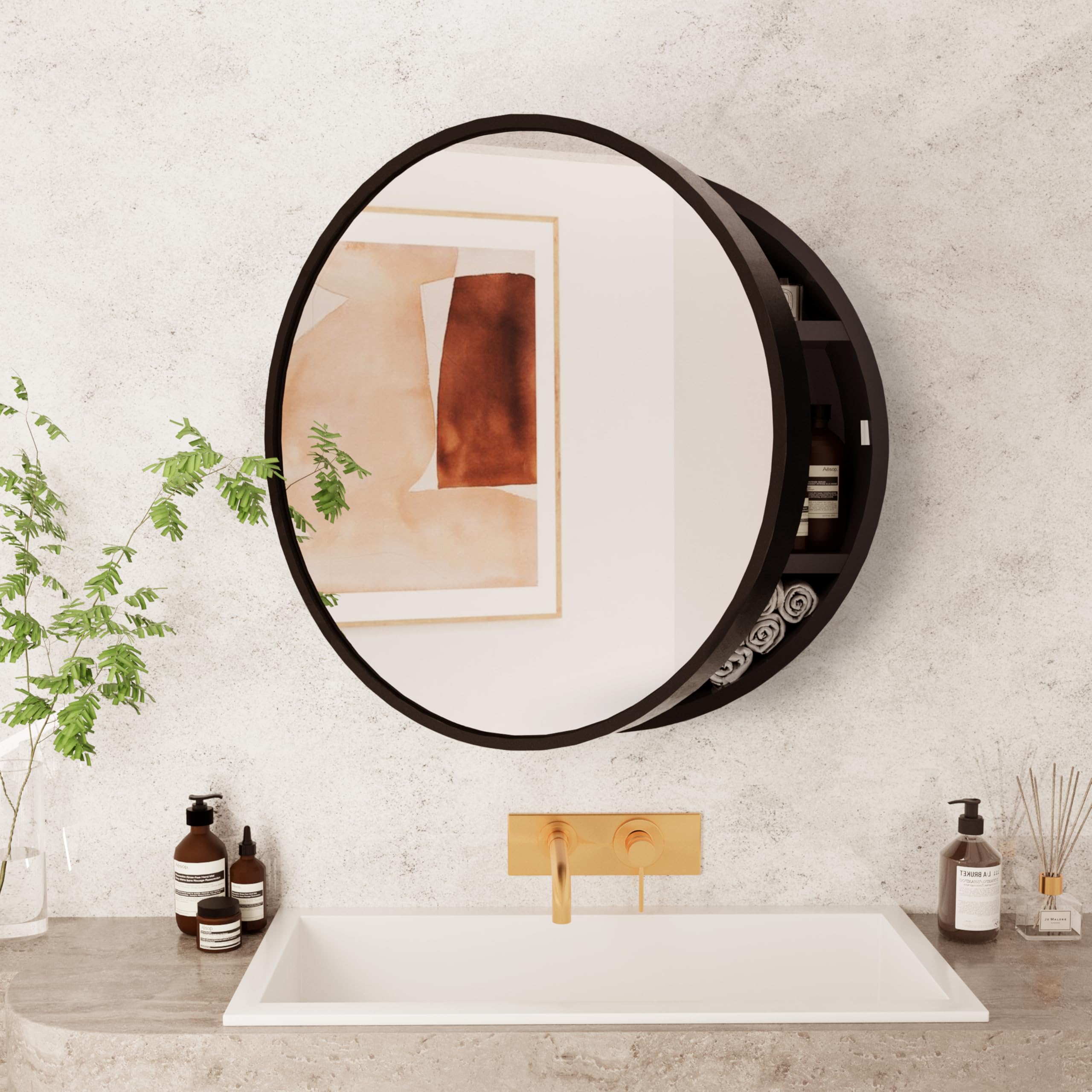 Round Medicine Cabinet Mirror with Shelf - Bathroom Wall Mounted Storage Cabinet with Vanity Mirror, Surface Mount Above Toilet Organizer (Black) - Perfect for Small Bathrooms & Powder Rooms