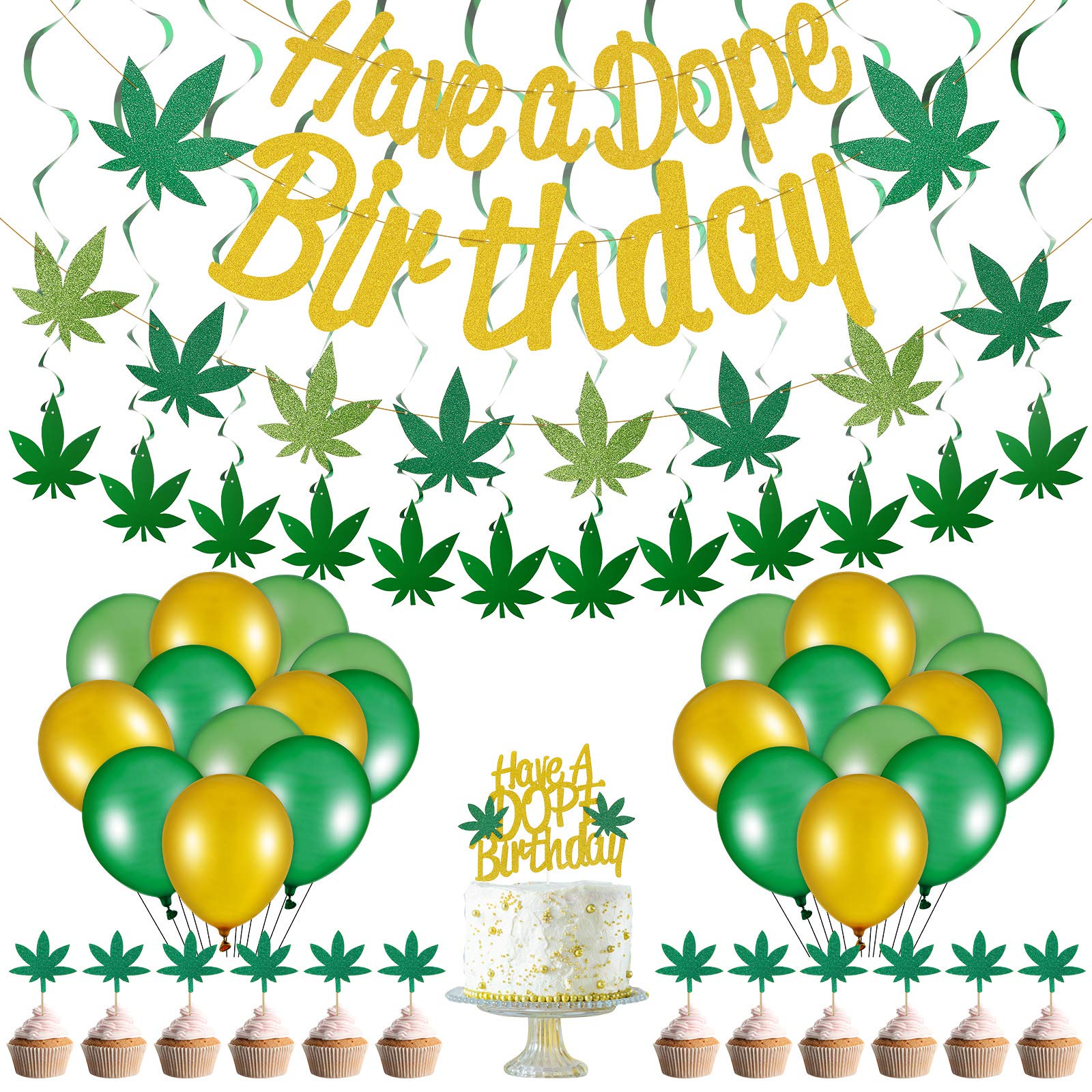 3-Piece Cannabis Leaf Birthday Banners, 13-Piece Weed Cake Toppers, 12-Piece Hanging Swirls & 24-Party Balloons - Complete Marijuana-Themed Party Decor Kit for Stoner Birthdays & 420 Celebrations