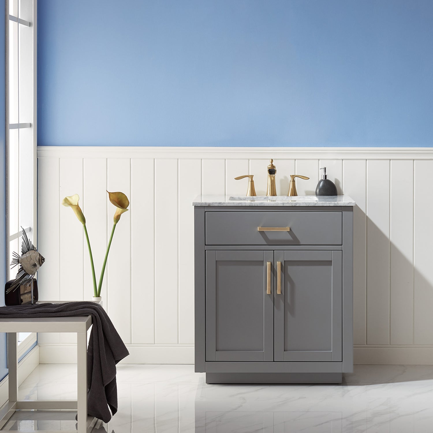 Ivy 30 Inch Single Bathroom Vanity Set with Carrara White Marble Countertop - Modern Sink Cabinet for Small Bathrooms, Powder Rooms & Guest Baths