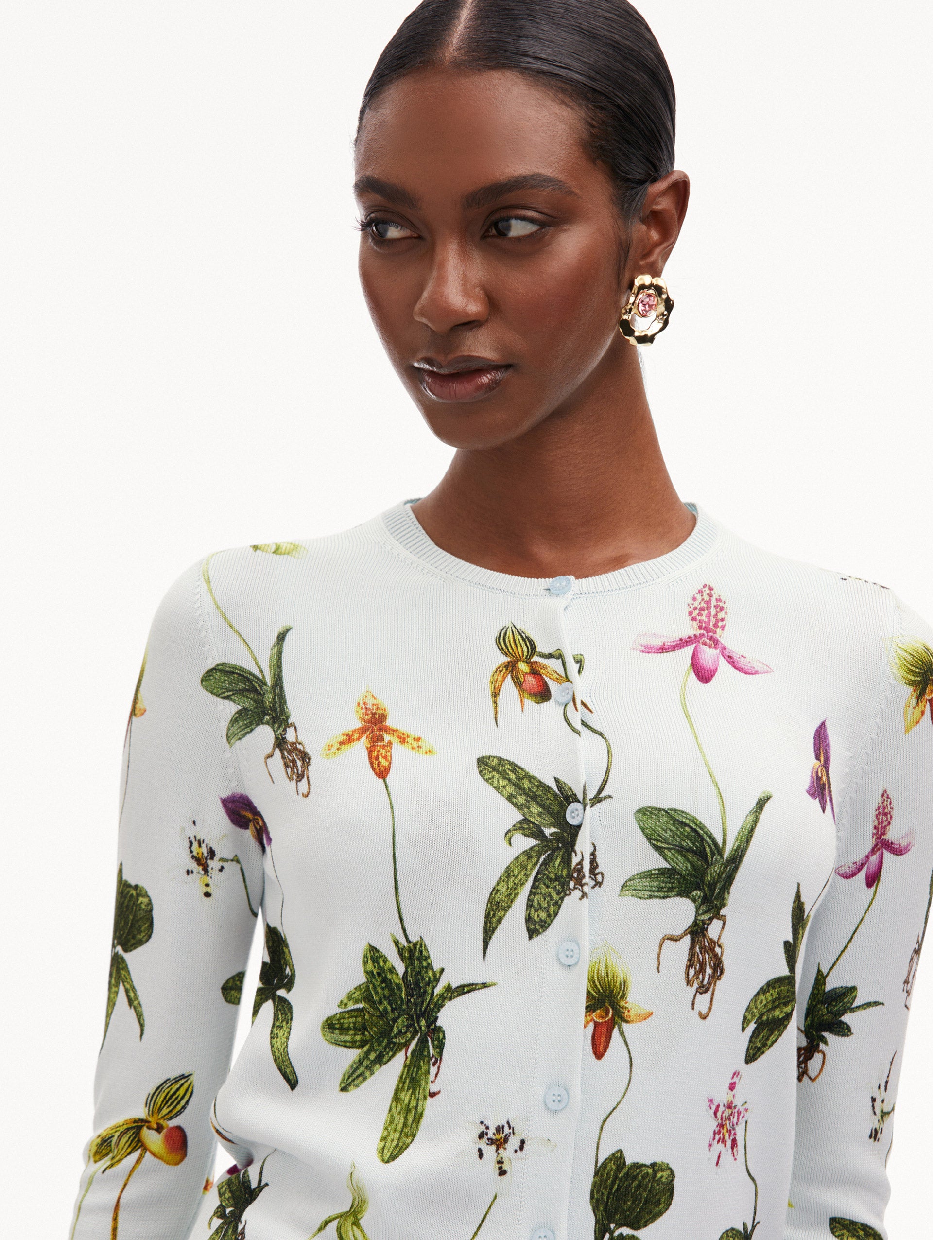 Elegant Orchid Printed Cardigan for Women - Soft & Comfortable Knit Sweater - Perfect for Spring & Fall Outfits, Office Wear, and Casual Dates