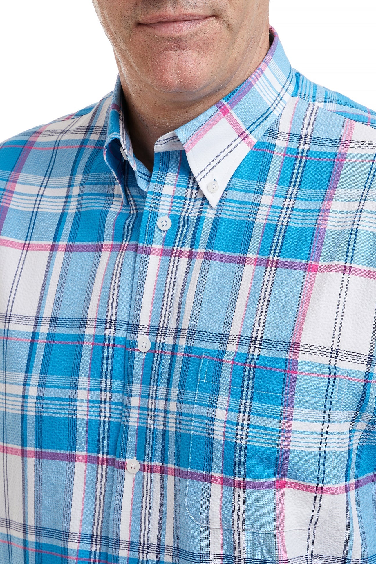 Chase Shirt Blue and Pink Union Seersucker - Stylish Summer Casual Button Down for Men | Perfect for Beach Vacations, Outdoor Weddings & Weekend Getaways