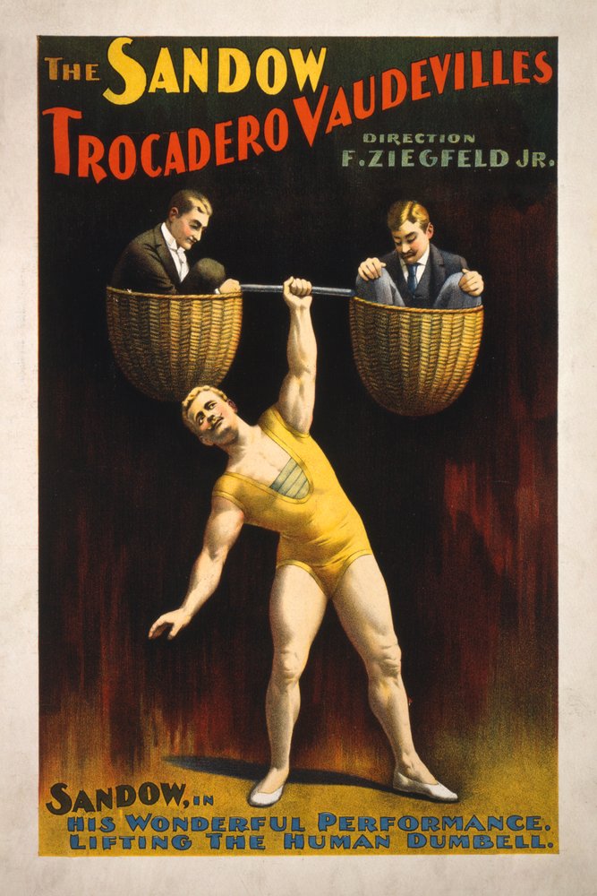 Vintage Sandow Trocadero Vaudevilles Weightlifting Poster - 24x36 Signed Art Print, Antique Gym Wall Decor for Home Gym, Man Cave & Fitness Room